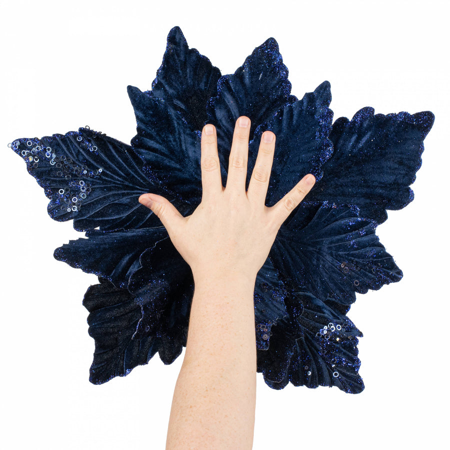 19" x 25" Jumbo Deluxe Velvet Poinsettia Stem: Navy Blue