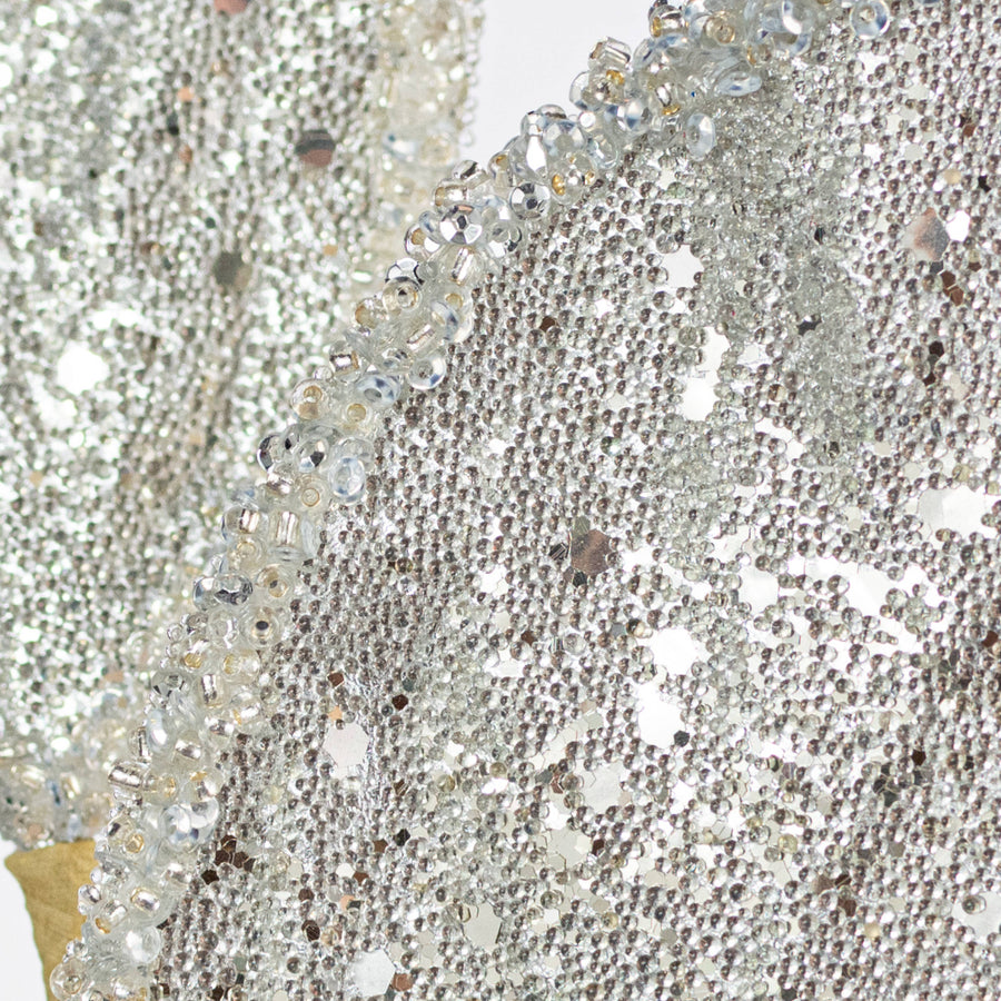 27" Beaded Glitter Leaf Spray: Platinum Silver