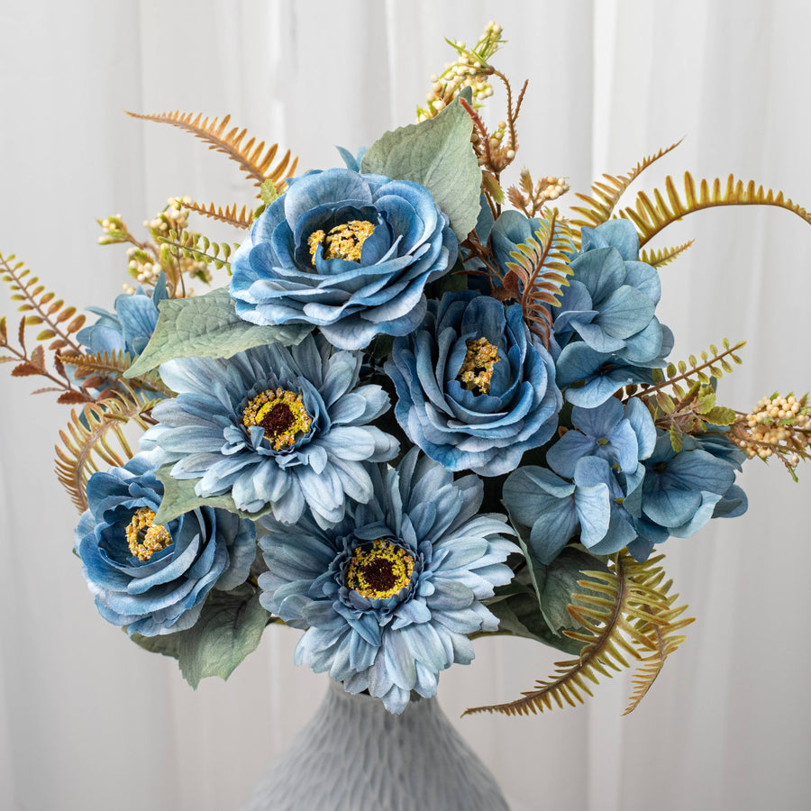 18" Camelia & Gerbera Daisy Bush: Variegated Blue