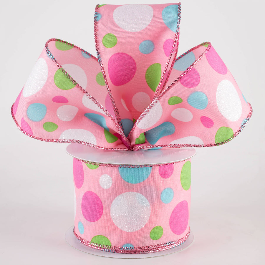 2.5" Varied Polka Dots Ribbon: Fuchsia, Lime, Blue & White on Pink (10 Yards)