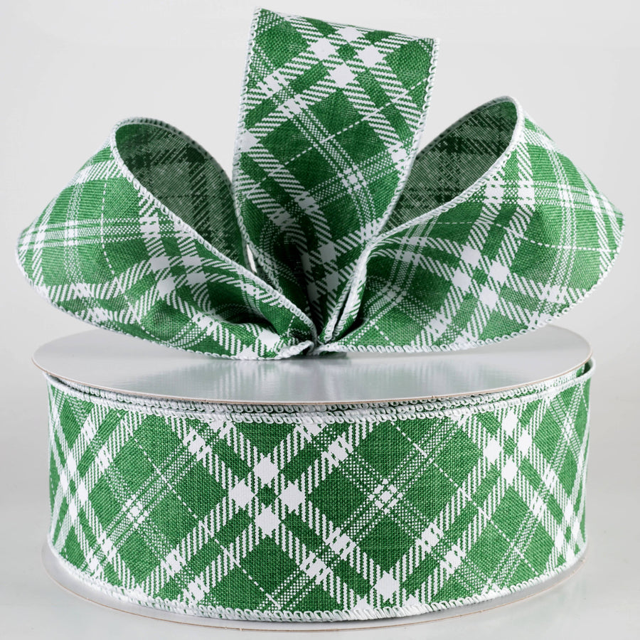2.5" Linen Hazel Diagonal Plaid Ribbon: Green (50 Yards)