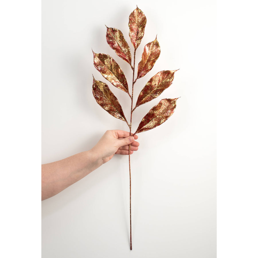 28" Metallic Magnolia Leaves Spray: Burgundy & Gold