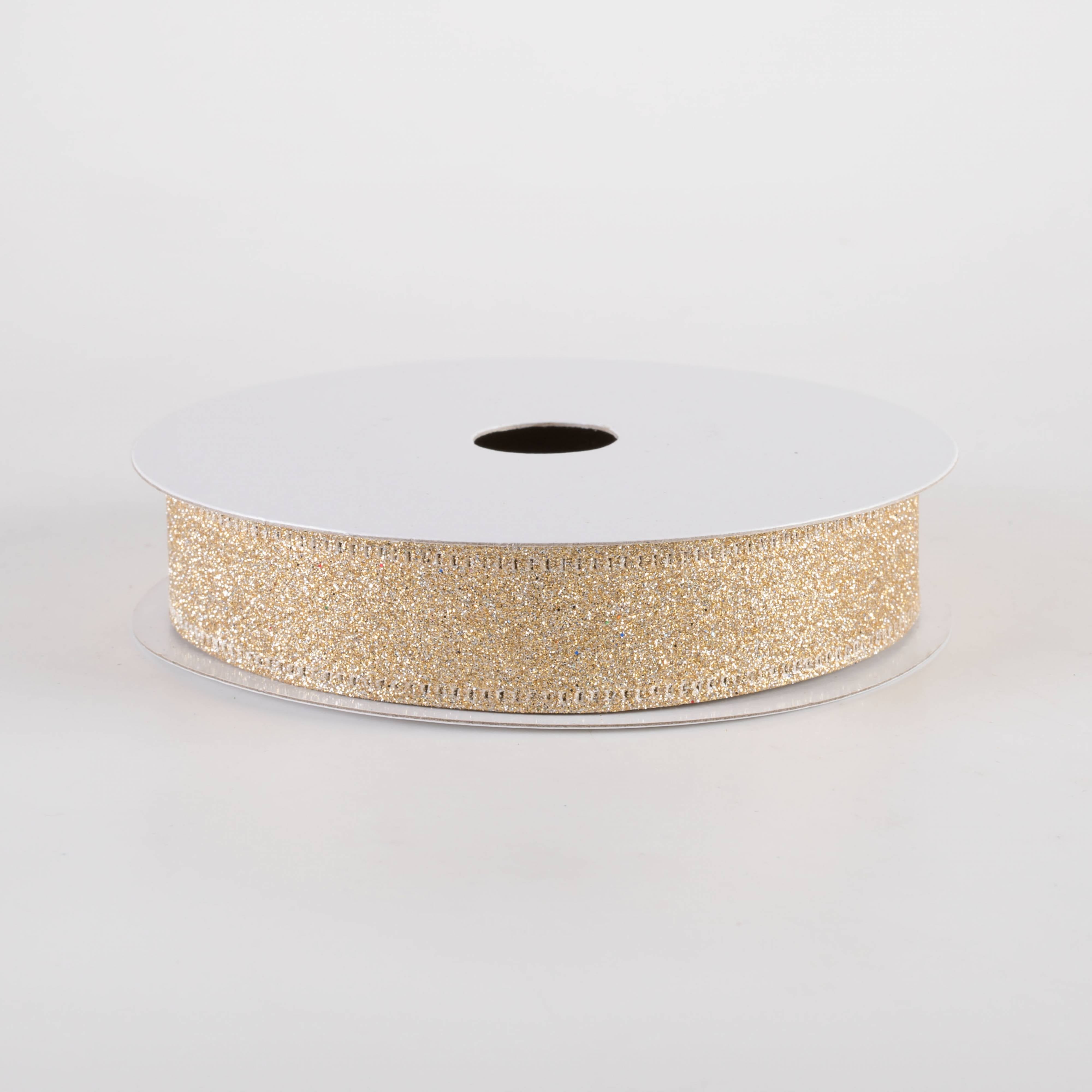 7/8" All Flat Glitter Wired Ribbon: Champagne Gold (10 Yards)
