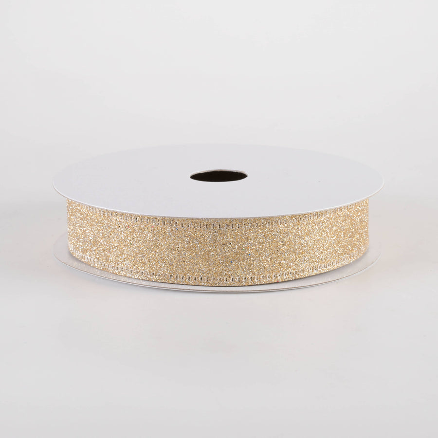 7/8" All Flat Glitter Wired Ribbon: Champagne Gold (10 Yards)