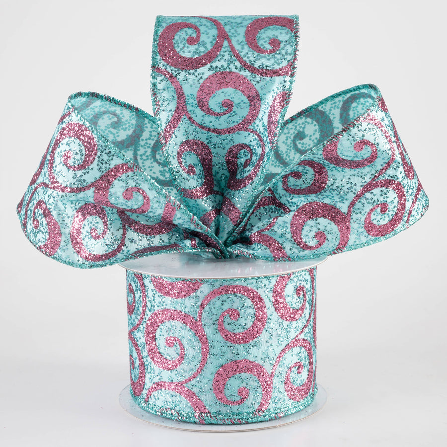 2.5" Ultra Glitter Swirls Ribbon: Pink on Aqua Teal Blue (10 Yards)