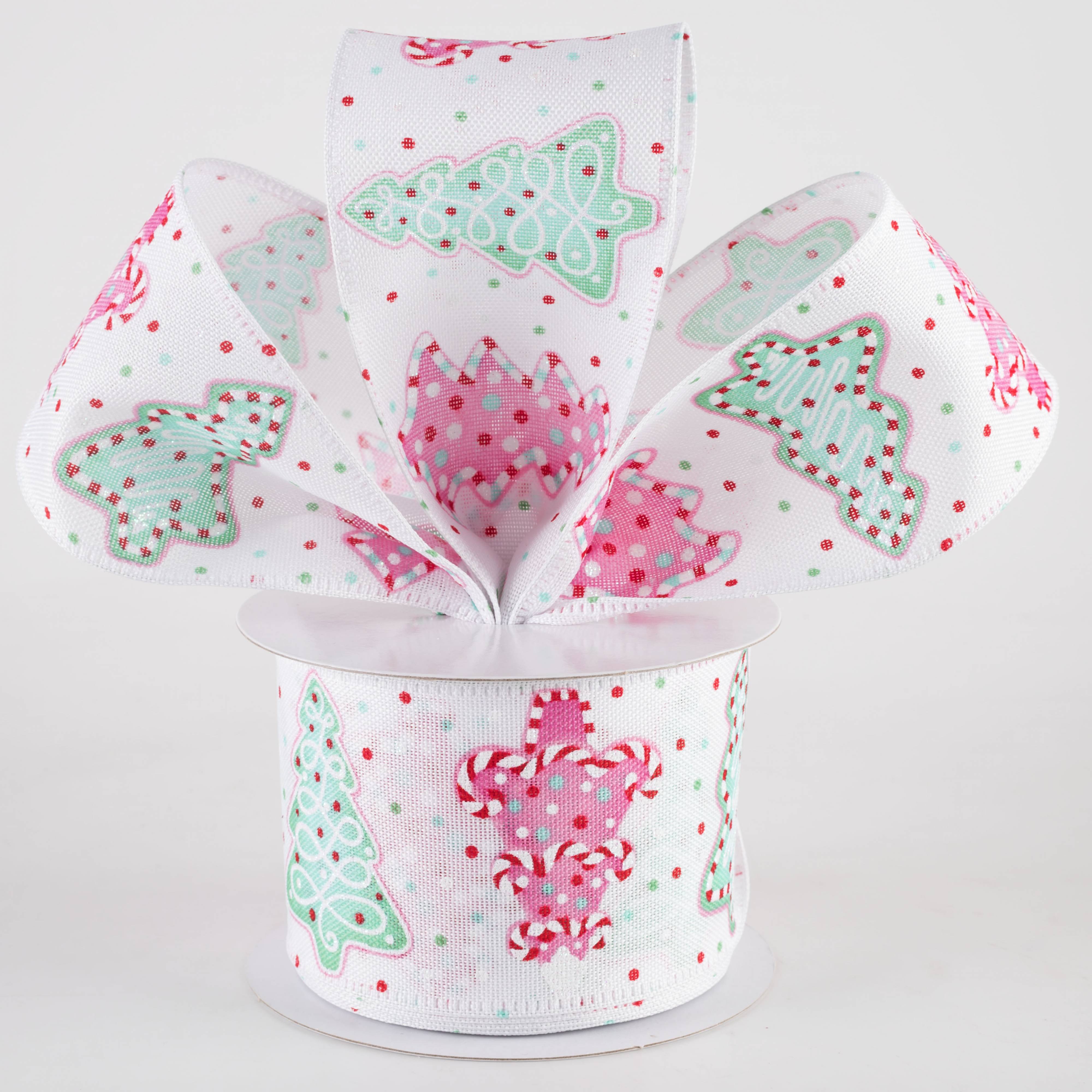 2.5" Linen Christmas Sprinkle Cookies Ribbon: Mint & Pink on White (10 Yards)