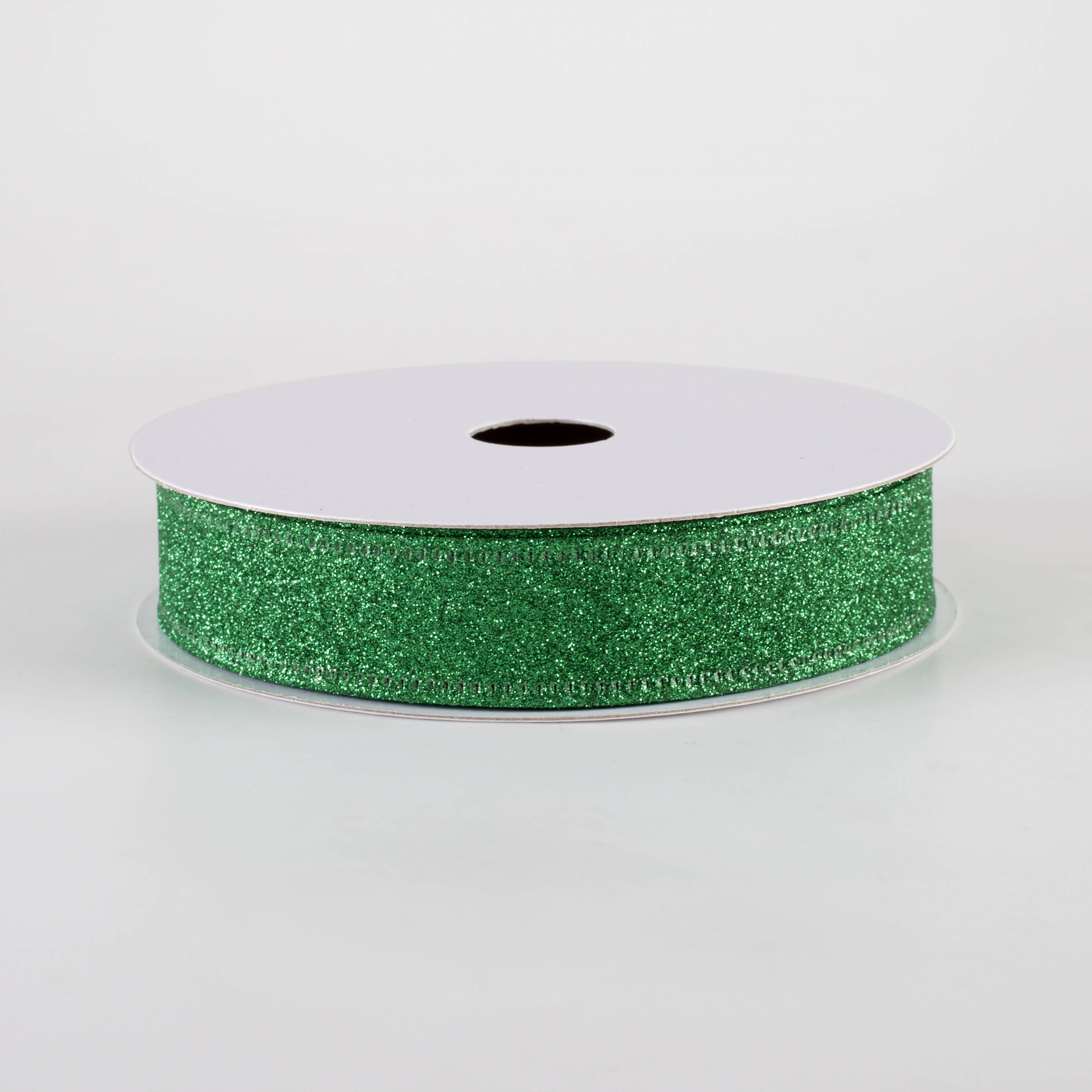 7/8" All Flat Glitter Wired Ribbon: Emerald Green (10 Yards)
