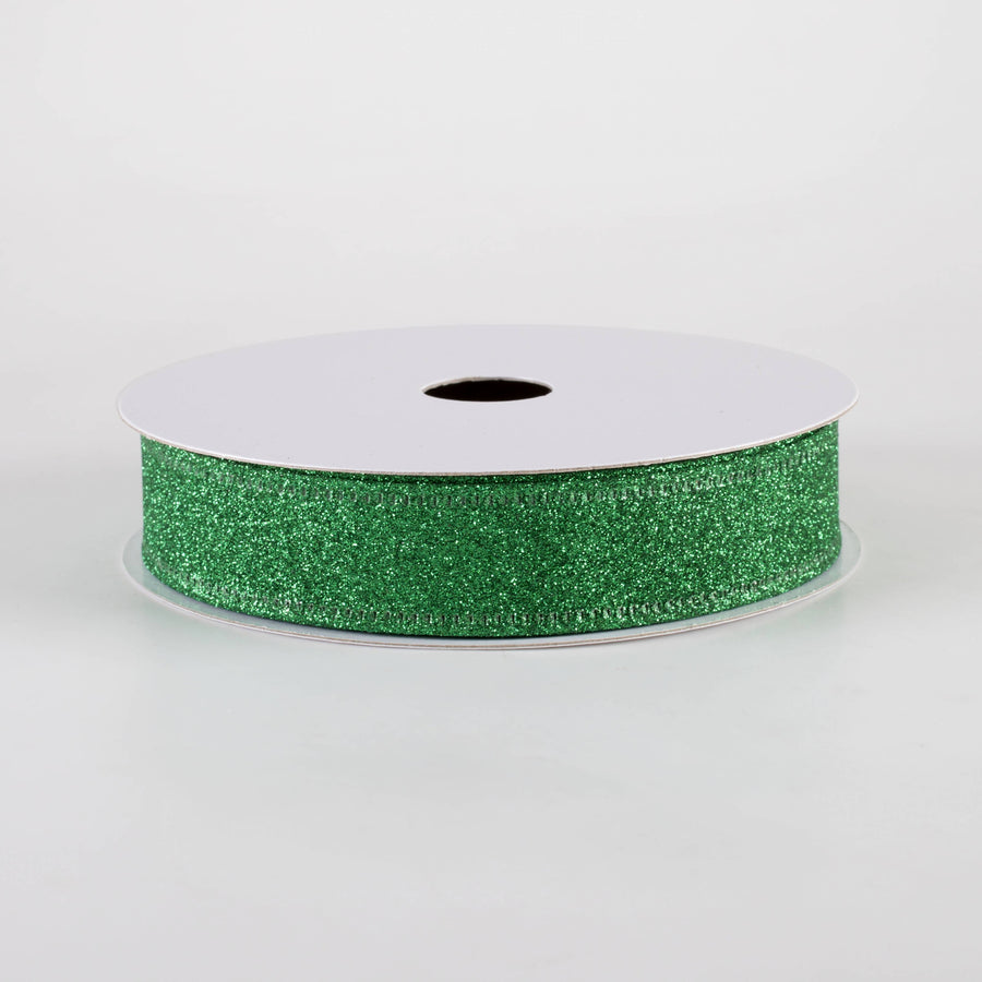 7/8" All Flat Glitter Wired Ribbon: Emerald Green (10 Yards)