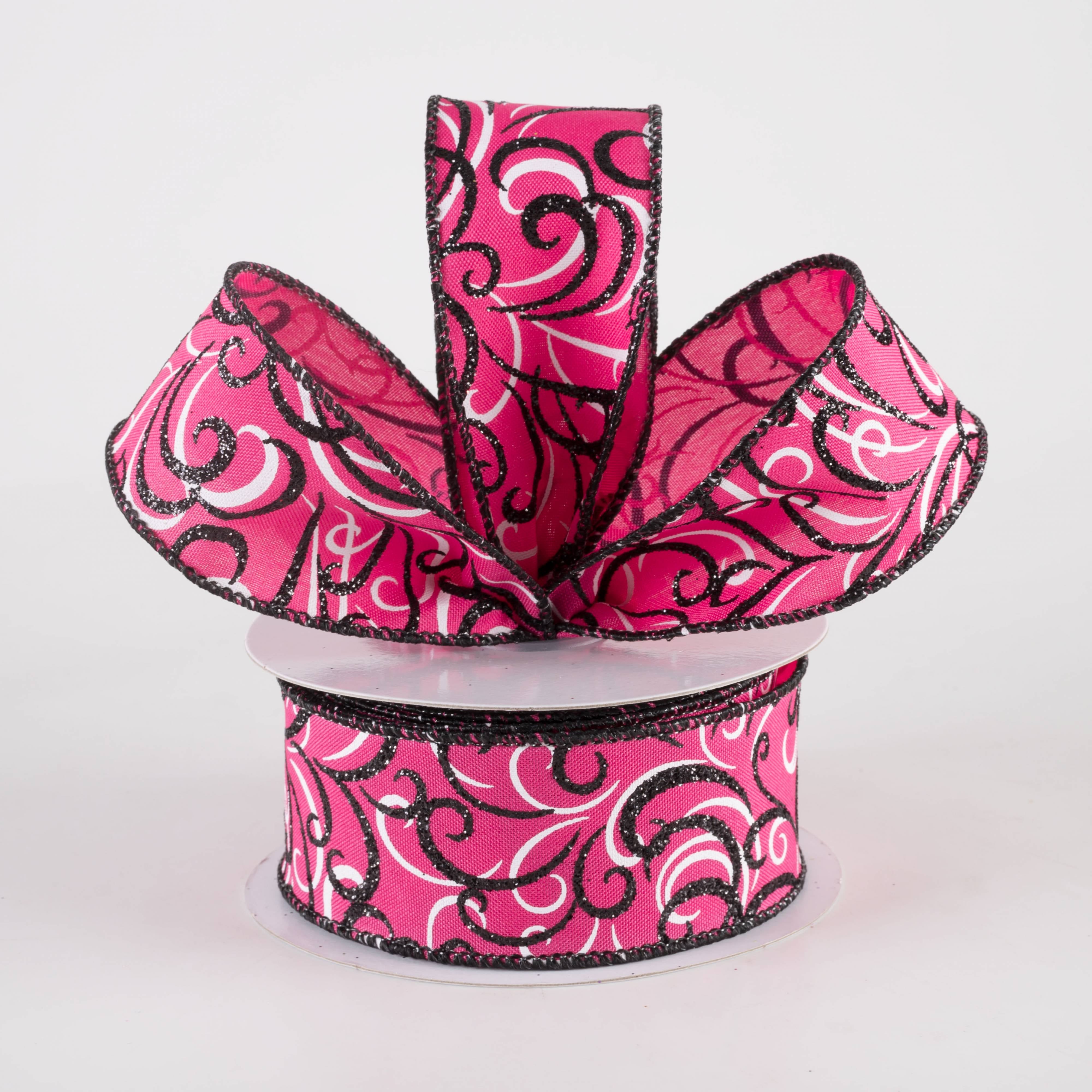 1.5" Glittered Multi Swirls Ribbon: Black & White on Hot Pink (10 Yards)