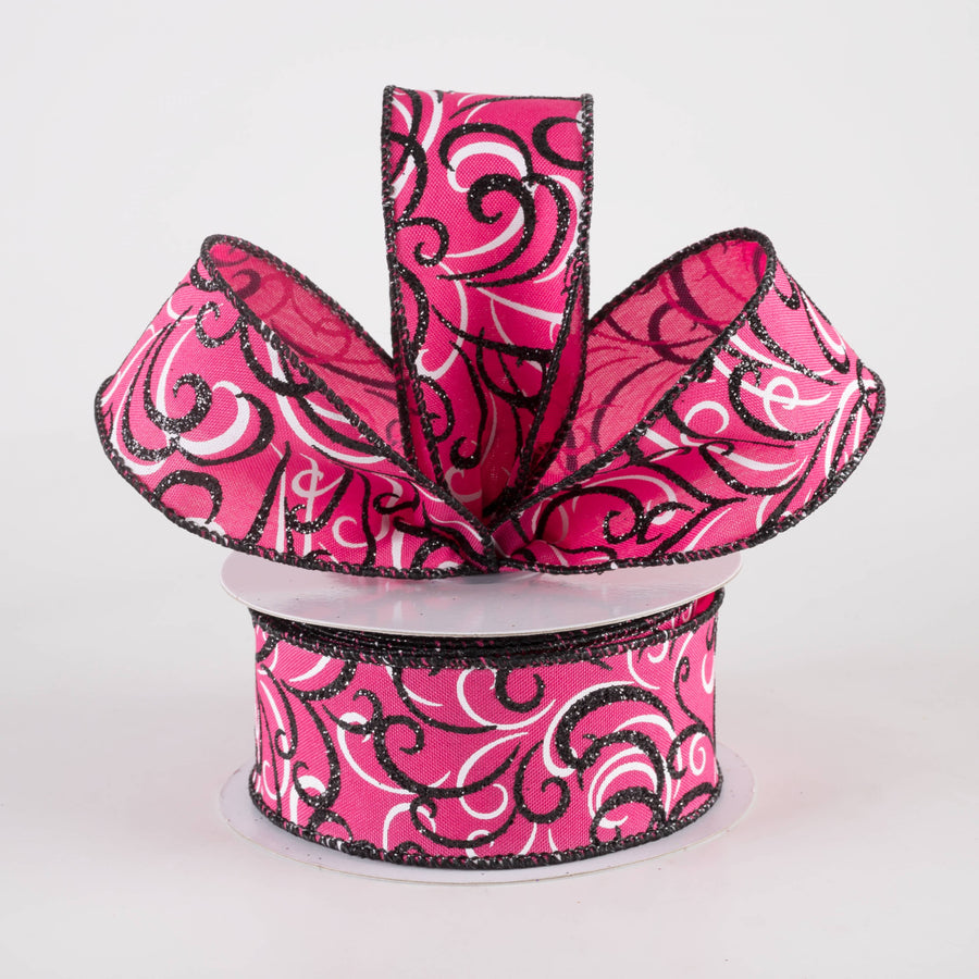 1.5" Glittered Multi Swirls Ribbon: Black & White on Hot Pink (10 Yards)