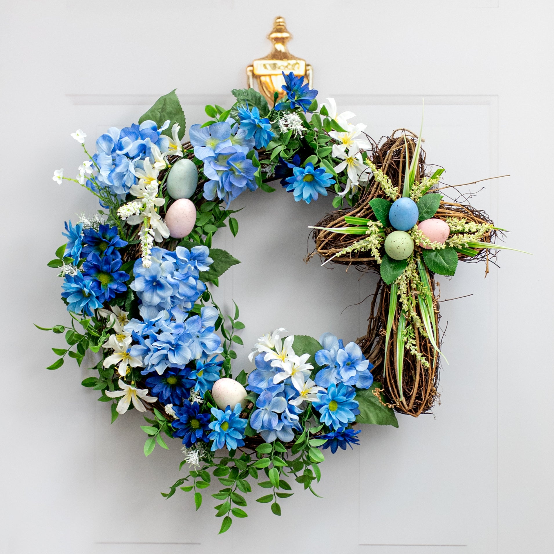 14" Eggs & Grasses on Natural Twig Cross Ornament Lifestyle Photo