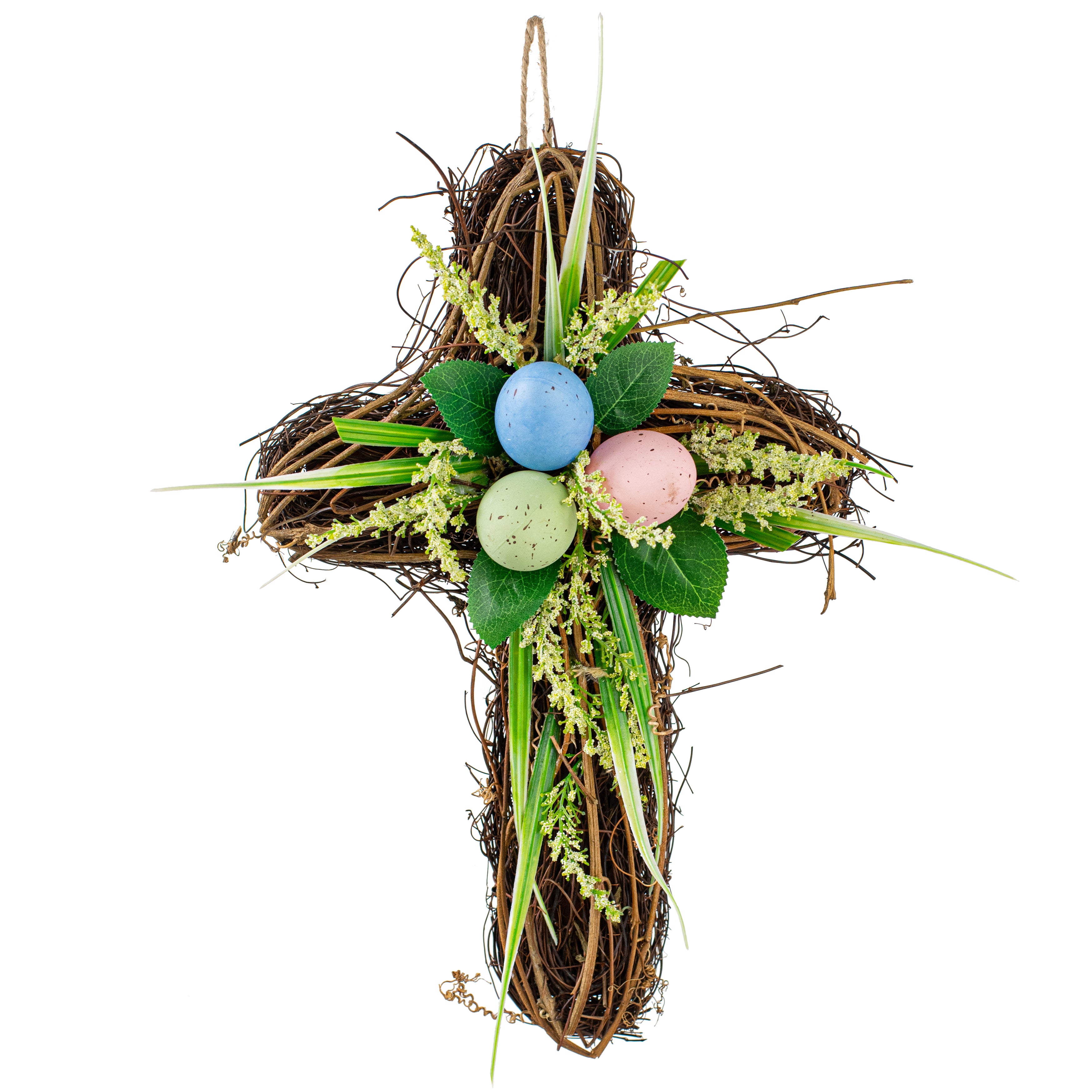 14" Eggs & Grasses on Natural Twig Cross Ornament Item Number: 211453