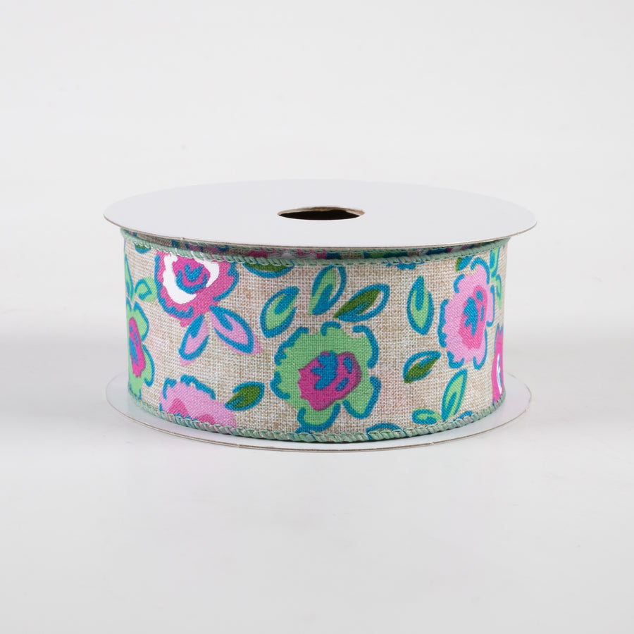 1.5" Electric Flowers Print Linen Ribbon: Natural, Teal, Mint, Pink (10 Yards)