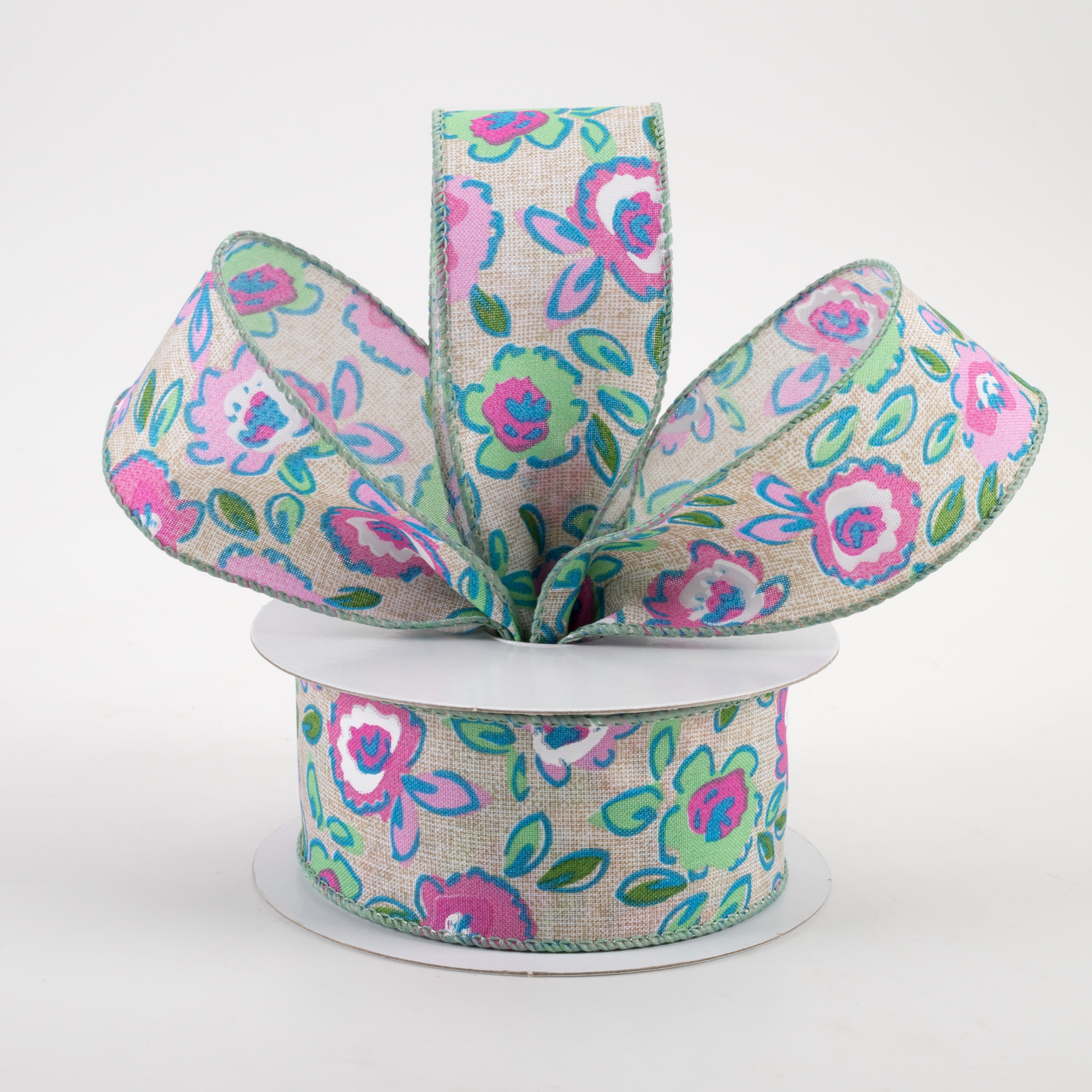 1.5" Electric Flowers Print Linen Ribbon: Natural, Teal, Mint, Pink (10 Yards) Lifestyle Photo