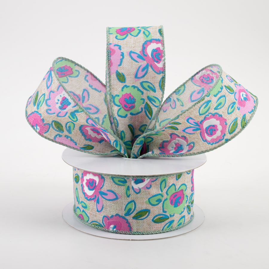 1.5" Electric Flowers Print Linen Ribbon: Natural, Teal, Mint, Pink (10 Yards) Lifestyle Photo