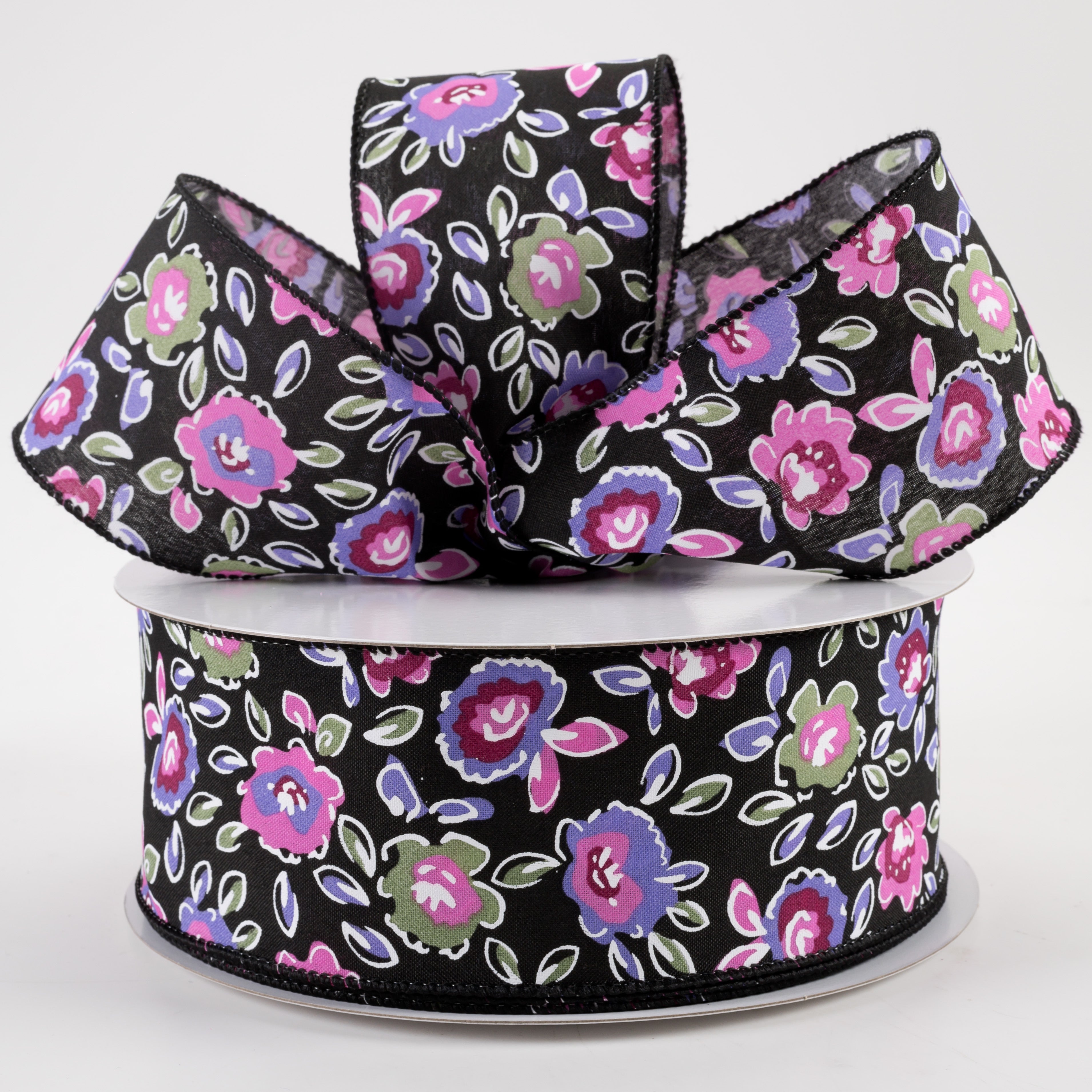 2.5" Electric Flowers Satin Ribbon: Black, Sage, Purple, Pink (50 Yards) Lifestyle Photo
