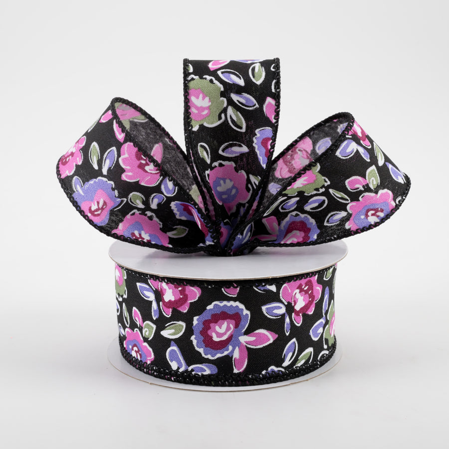 1.5" Electric Flowers Satin Ribbon: Black, Sage, Purple, Pink (10 Yards) Lifestyle Photo