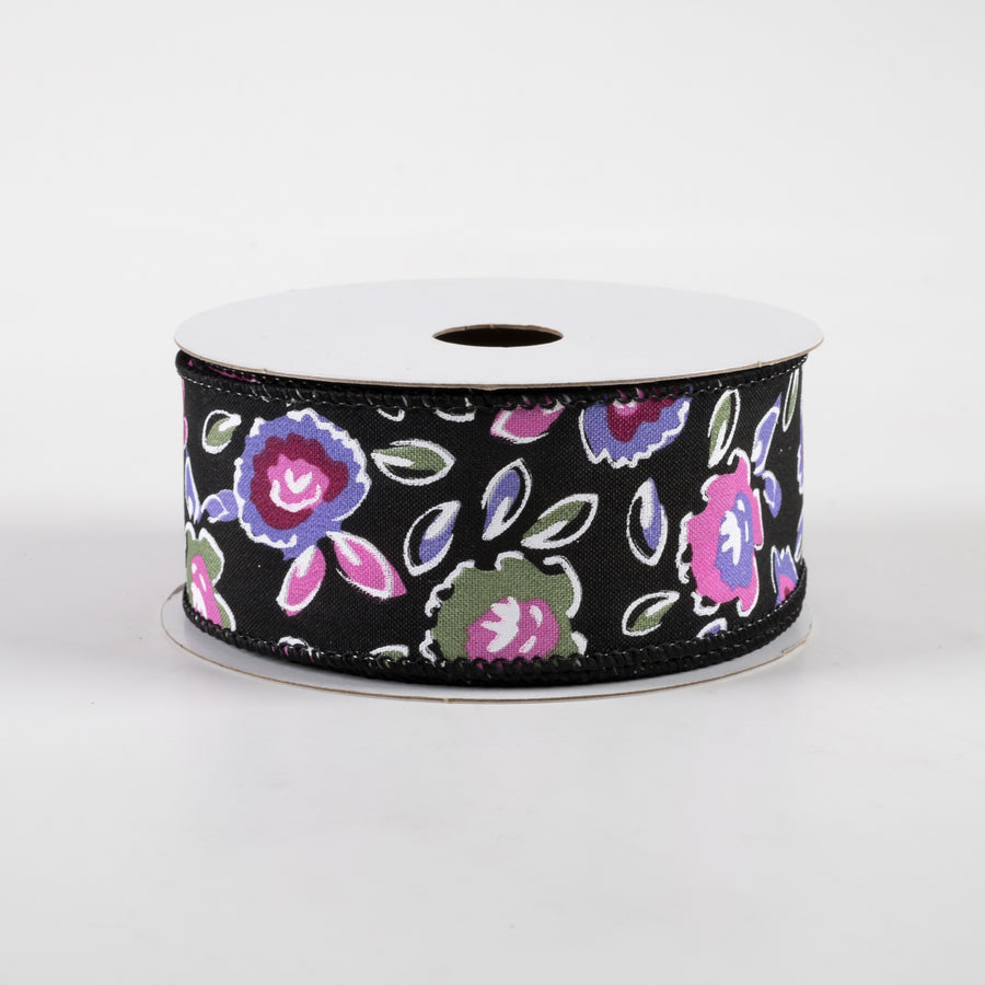 1.5" Electric Flowers Satin Ribbon: Black, Sage, Purple, Pink (10 Yards)