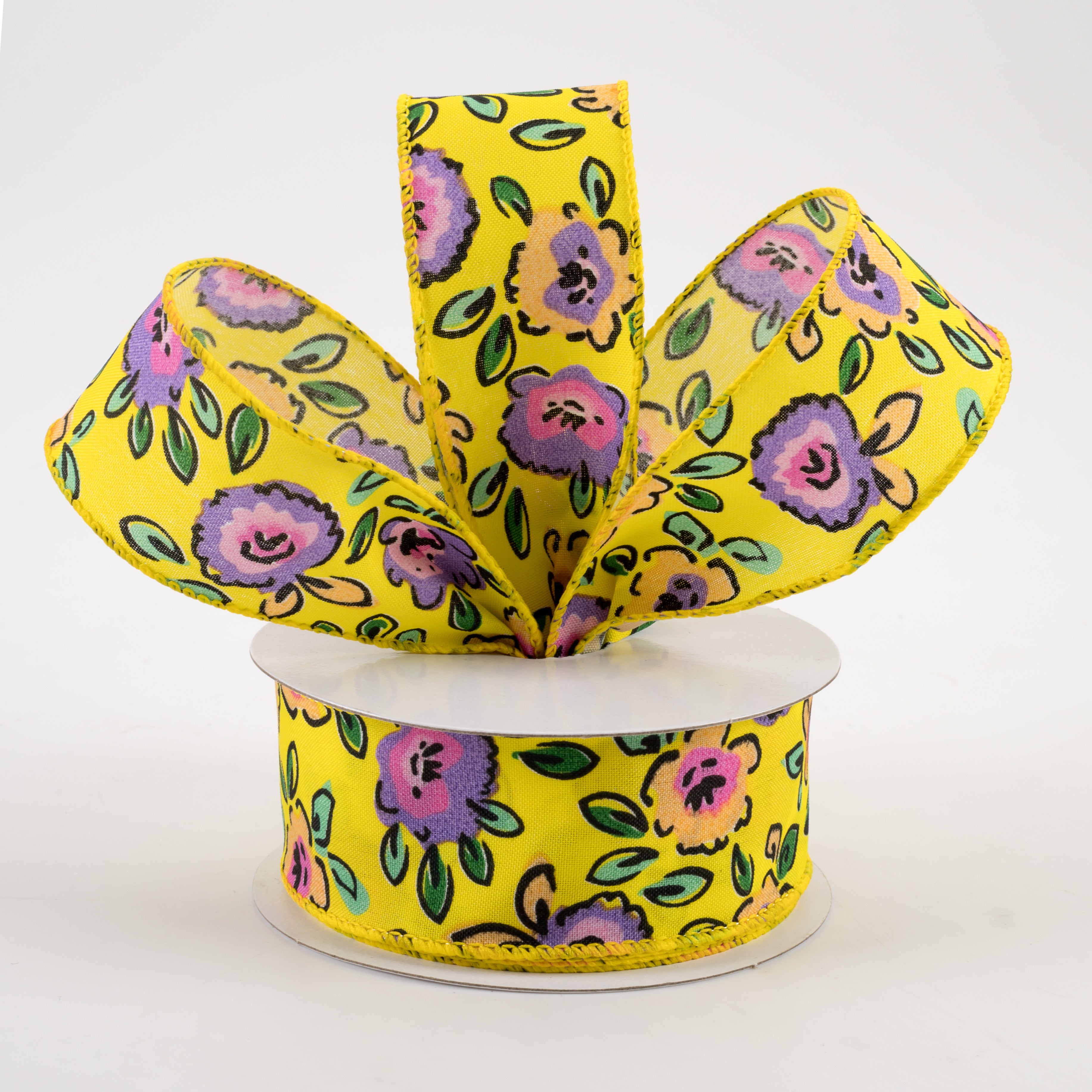 1.5" Electric Flowers Satin Ribbon: Yellow, Purple, Orange (10 Yards) Lifestyle Photo