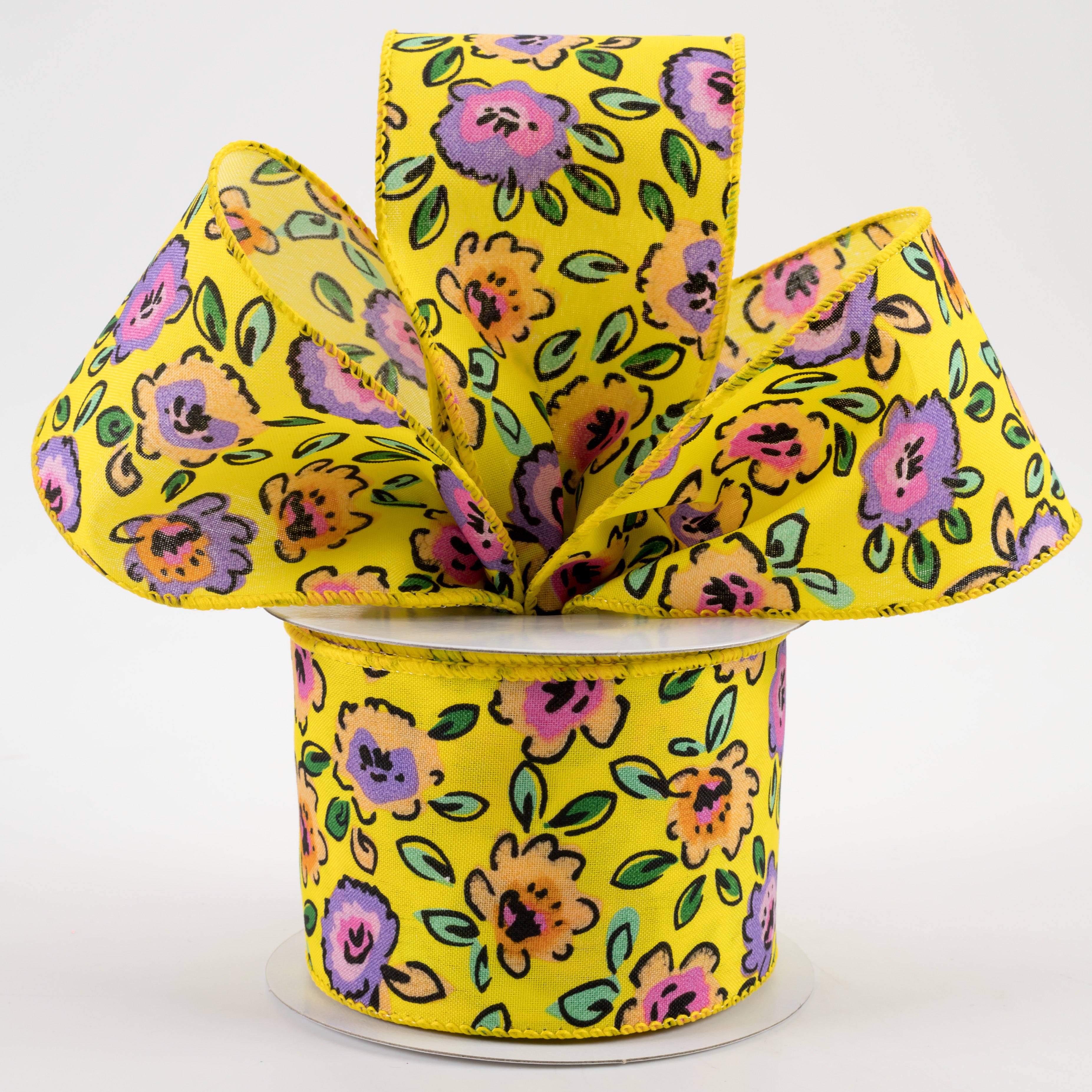 2.5" Electric Flowers Satin Ribbon: Yellow, Purple, Orange (10 Yards) Lifestyle Photo