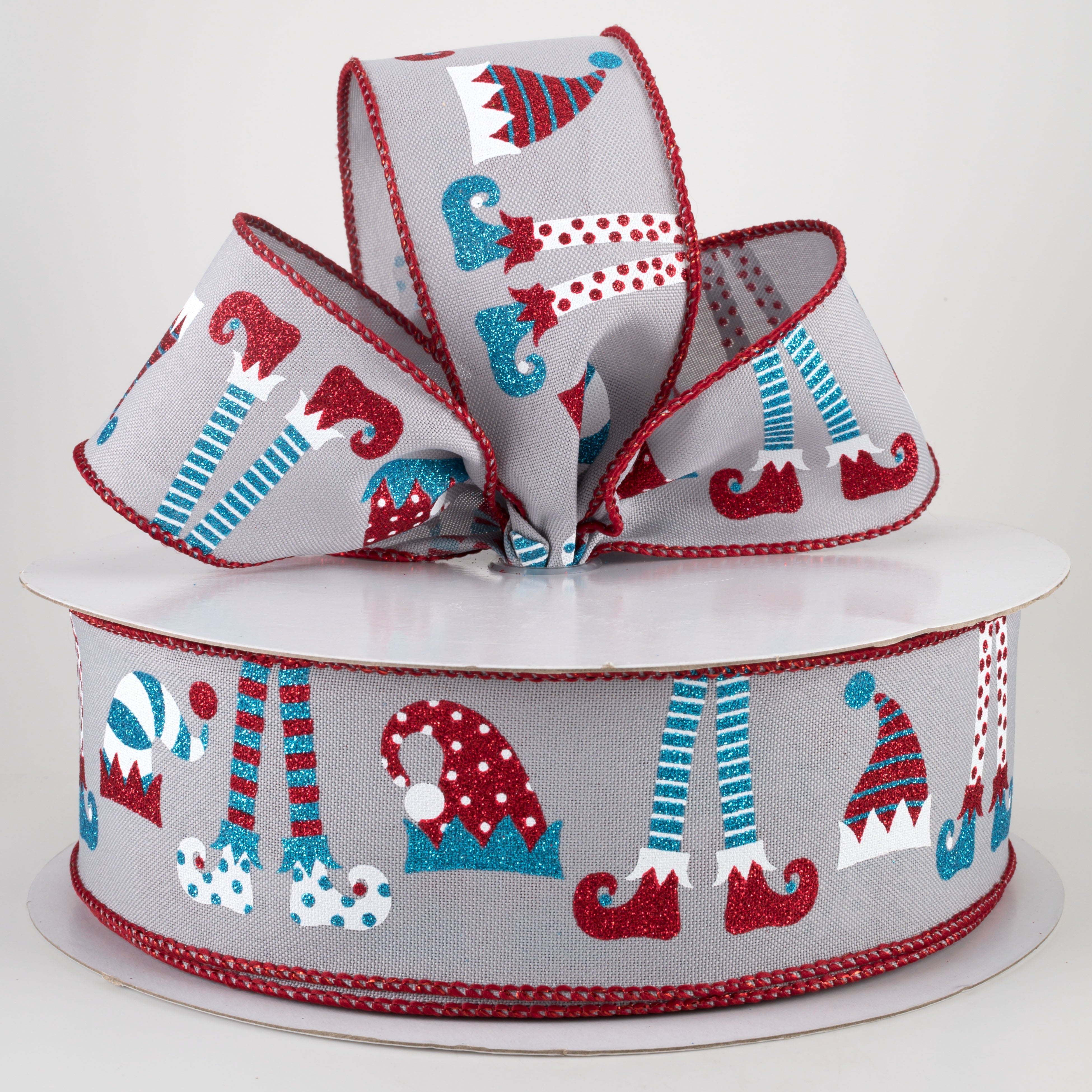 2.5" Elf Hats & Legs Ribbon: Grey, Red, Turquoise (50 Yards) Lifestyle Photo