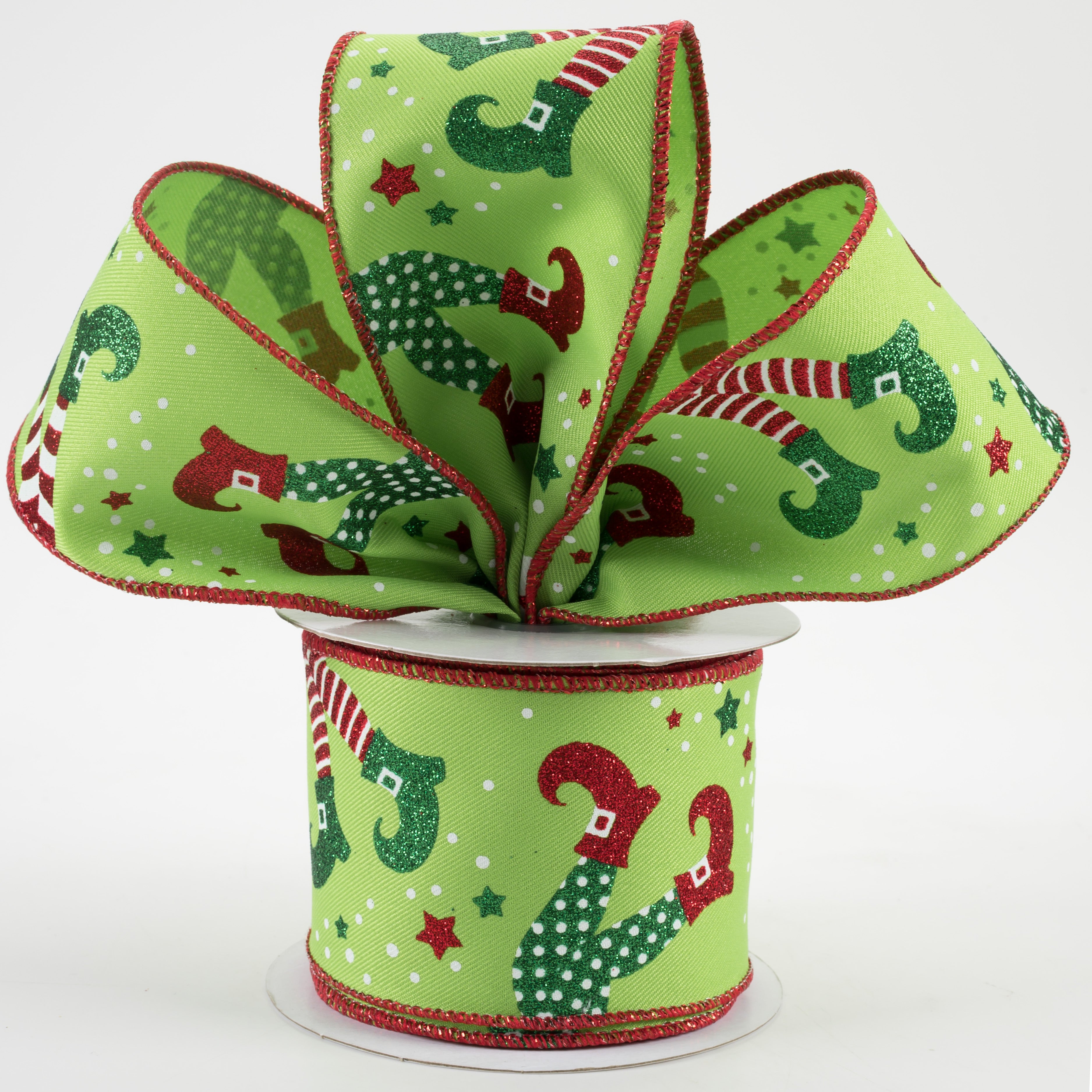 2.5" Elf Legs Ribbon: Lime, Red, Emerald (10 Yards) Lifestyle Photo