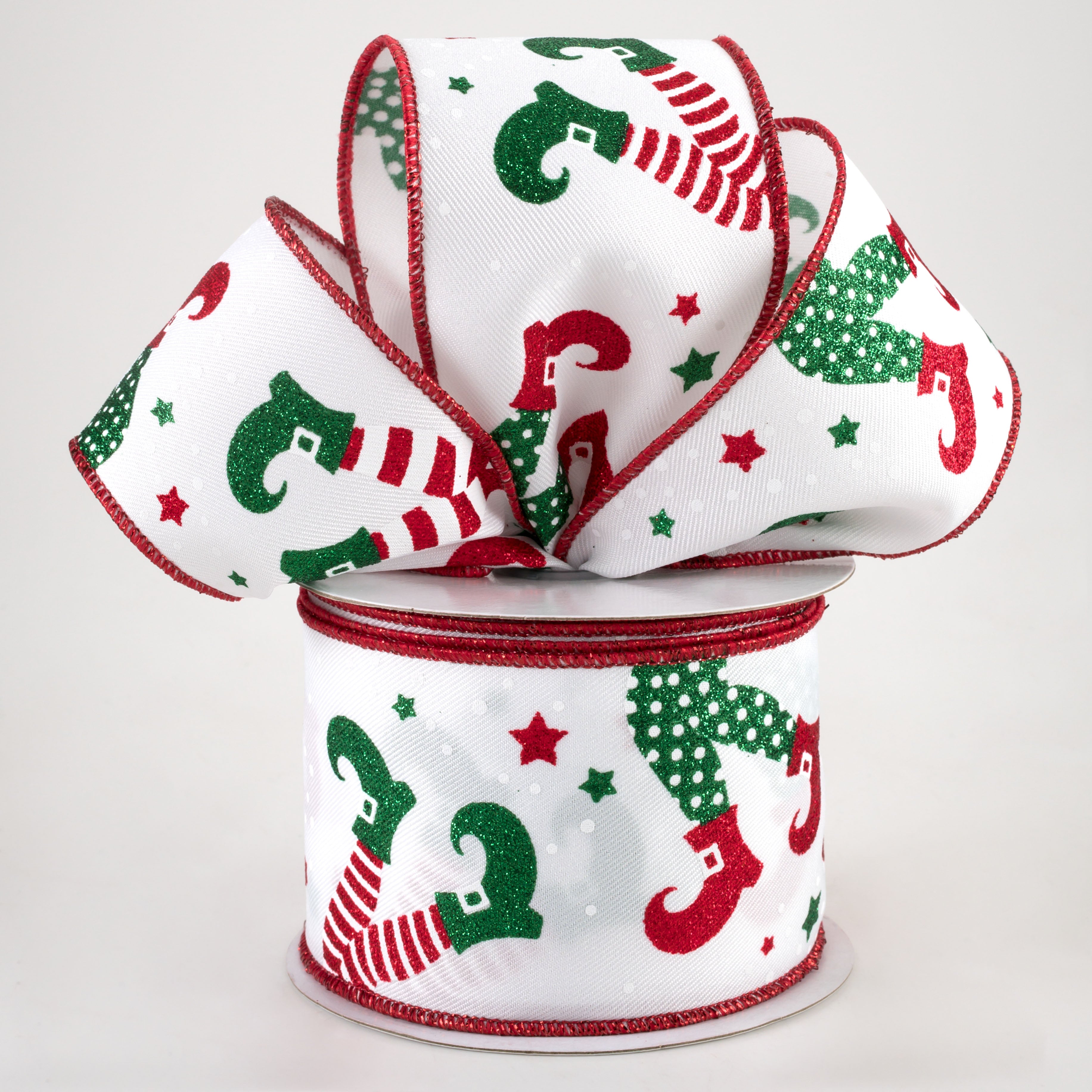 2.5" Elf Legs Ribbon: White, Red, Emerald (10 Yards) Lifestyle Photo