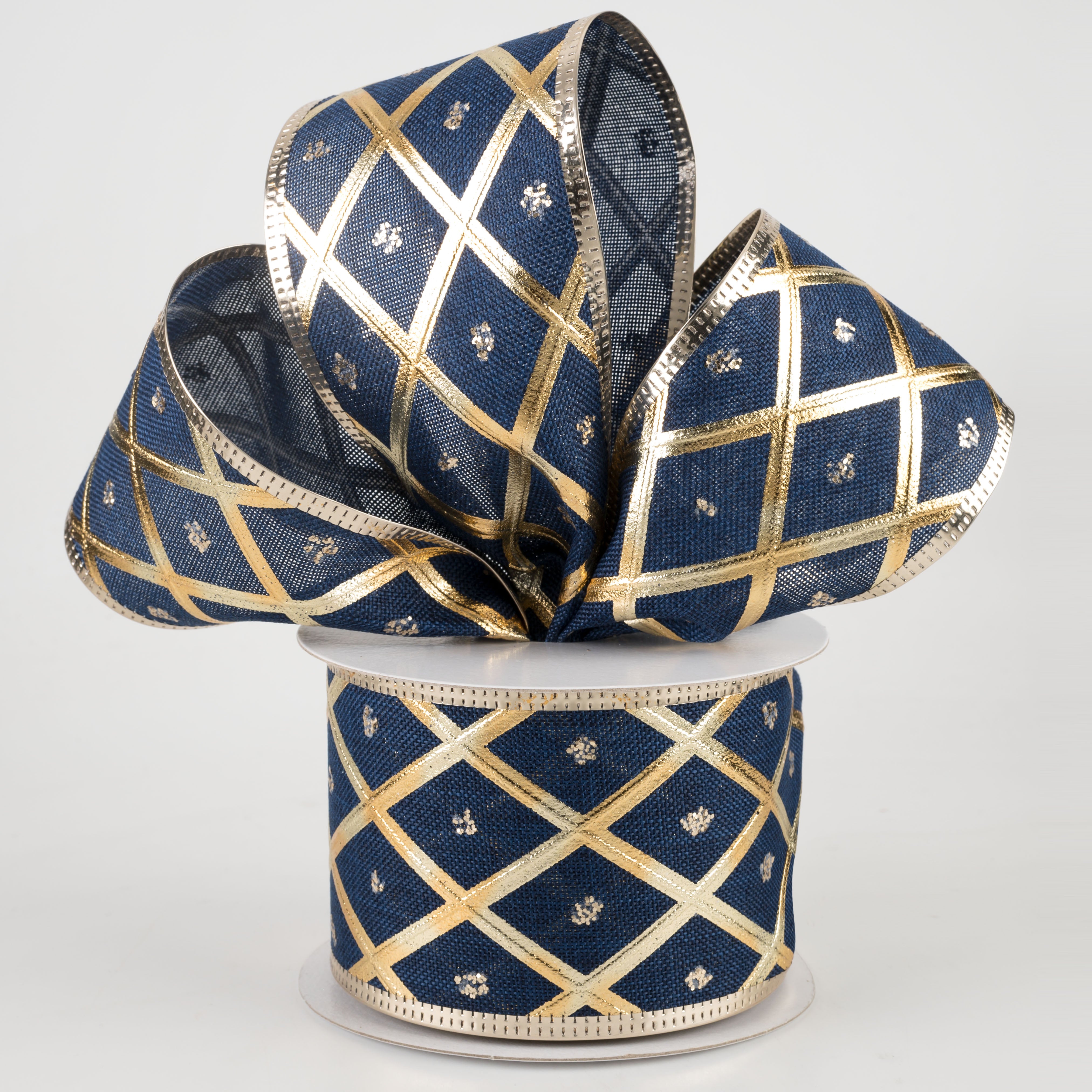 2.5" Embossed Diamond With Dots Ribbon: Navy & Gold (10 Yards) Lifestyle Photo