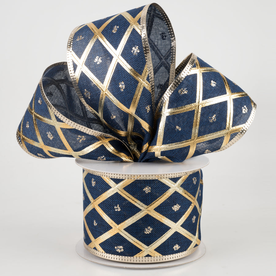 2.5" Embossed Diamond With Dots Ribbon: Navy & Gold (10 Yards) Lifestyle Photo