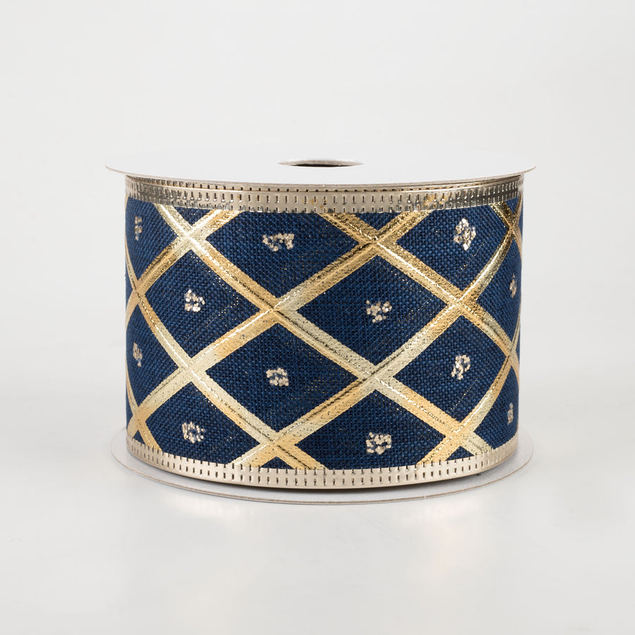 2.5" Embossed Diamond With Dots Ribbon: Navy & Gold (10 Yards)