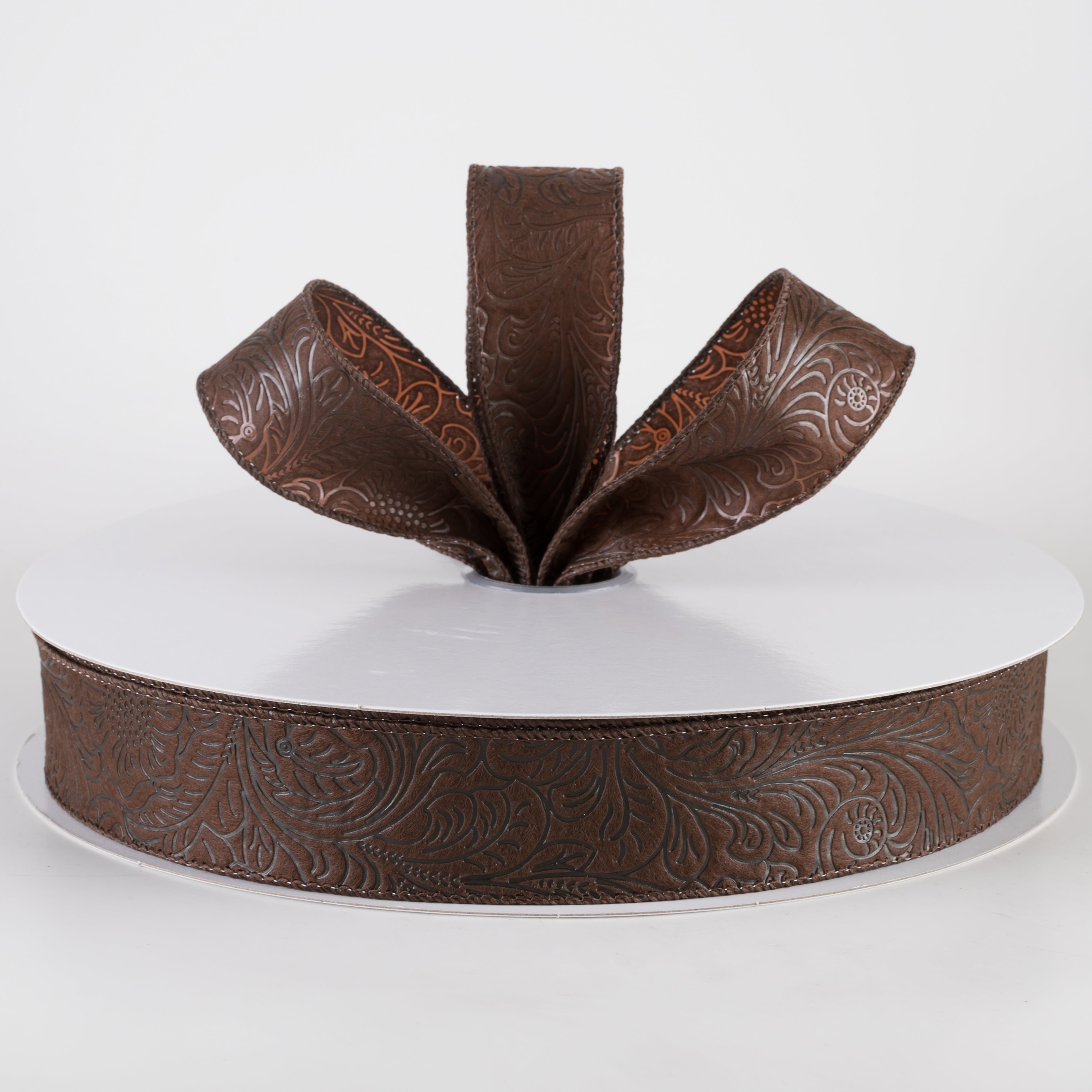 1.5" Embossed Flower Breeze Ribbon: Brown (50 Yards) Lifestyle Photo