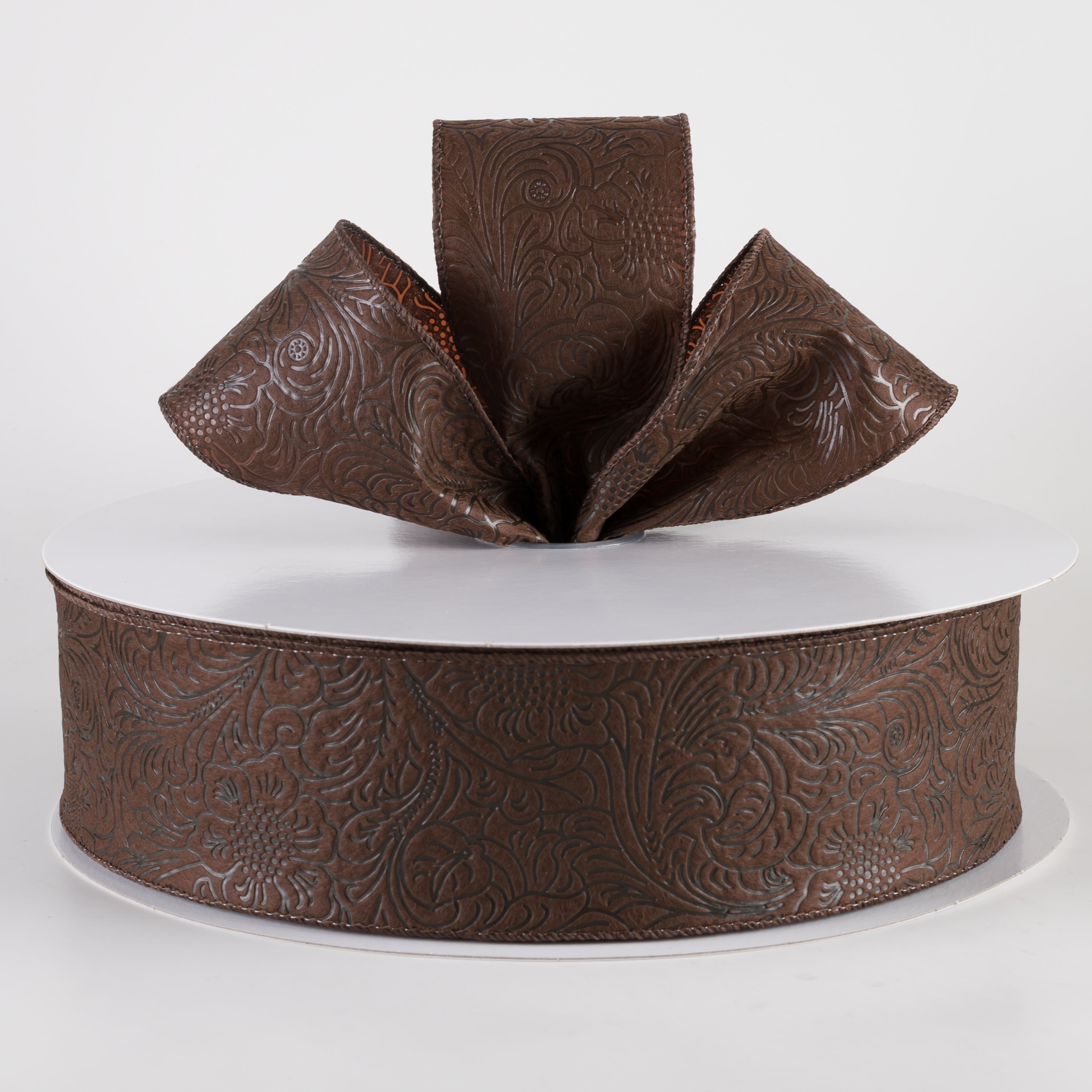 2.5" Embossed Flower Breeze Ribbon: Brown (50 Yards) Lifestyle Photo