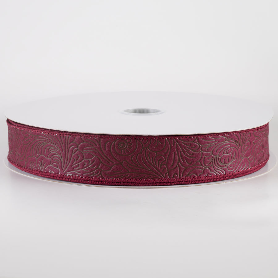 1.5" Embossed Flower Breeze Ribbon: Burgundy (50 Yards)