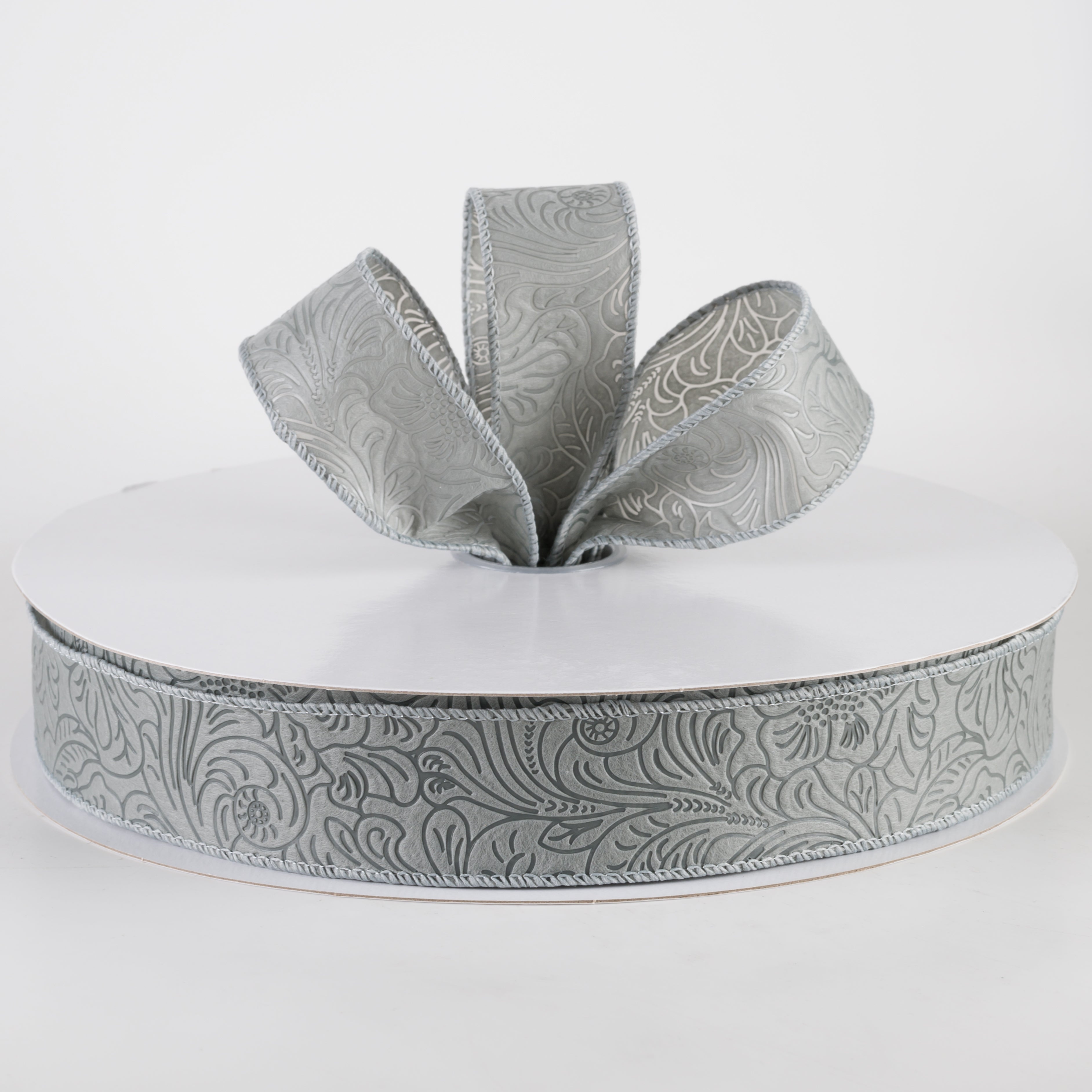 1.5" Embossed Flower Breeze Ribbon: Grey (50 Yards) Lifestyle Photo