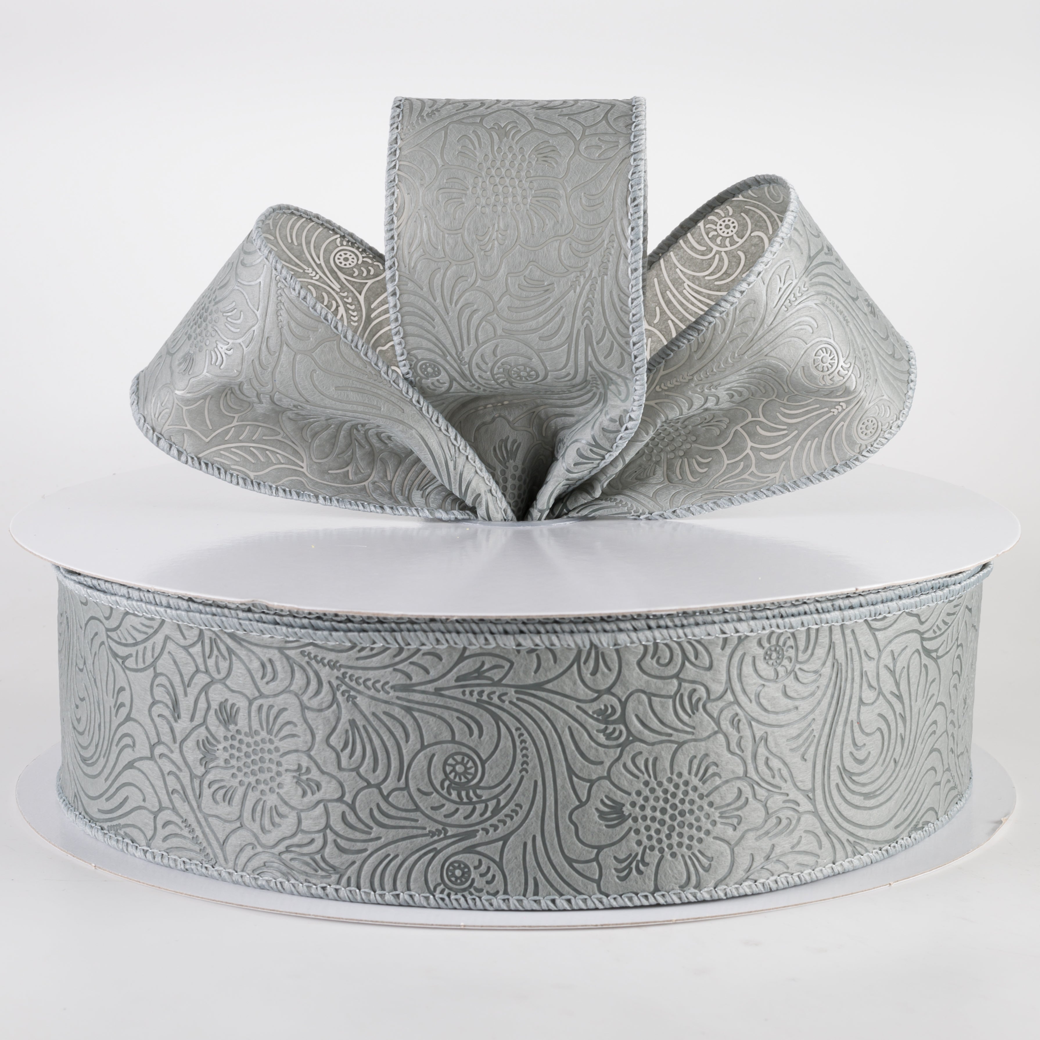 2.5" Embossed Flower Breeze Ribbon: Grey (50 Yards) Lifestyle Photo