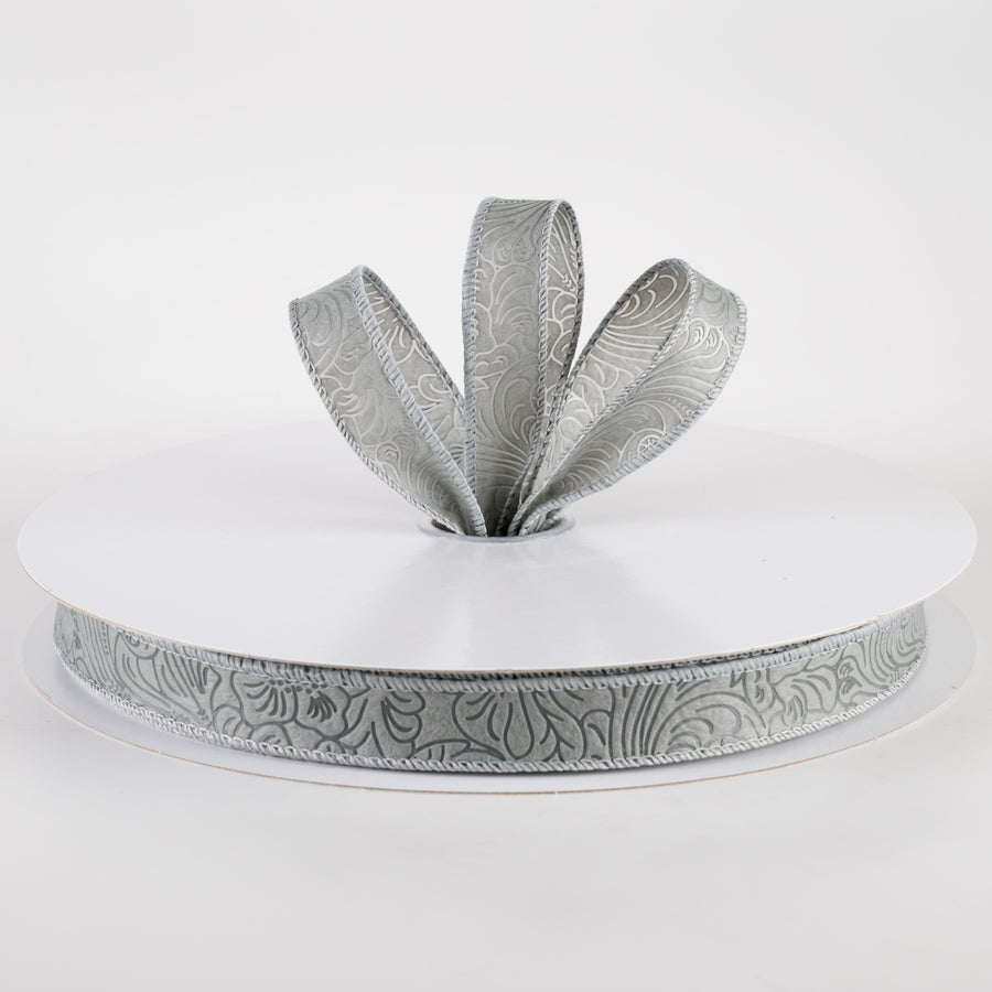 7/8" Embossed Flower Breeze Ribbon: Grey (50 Yards) Lifestyle Photo