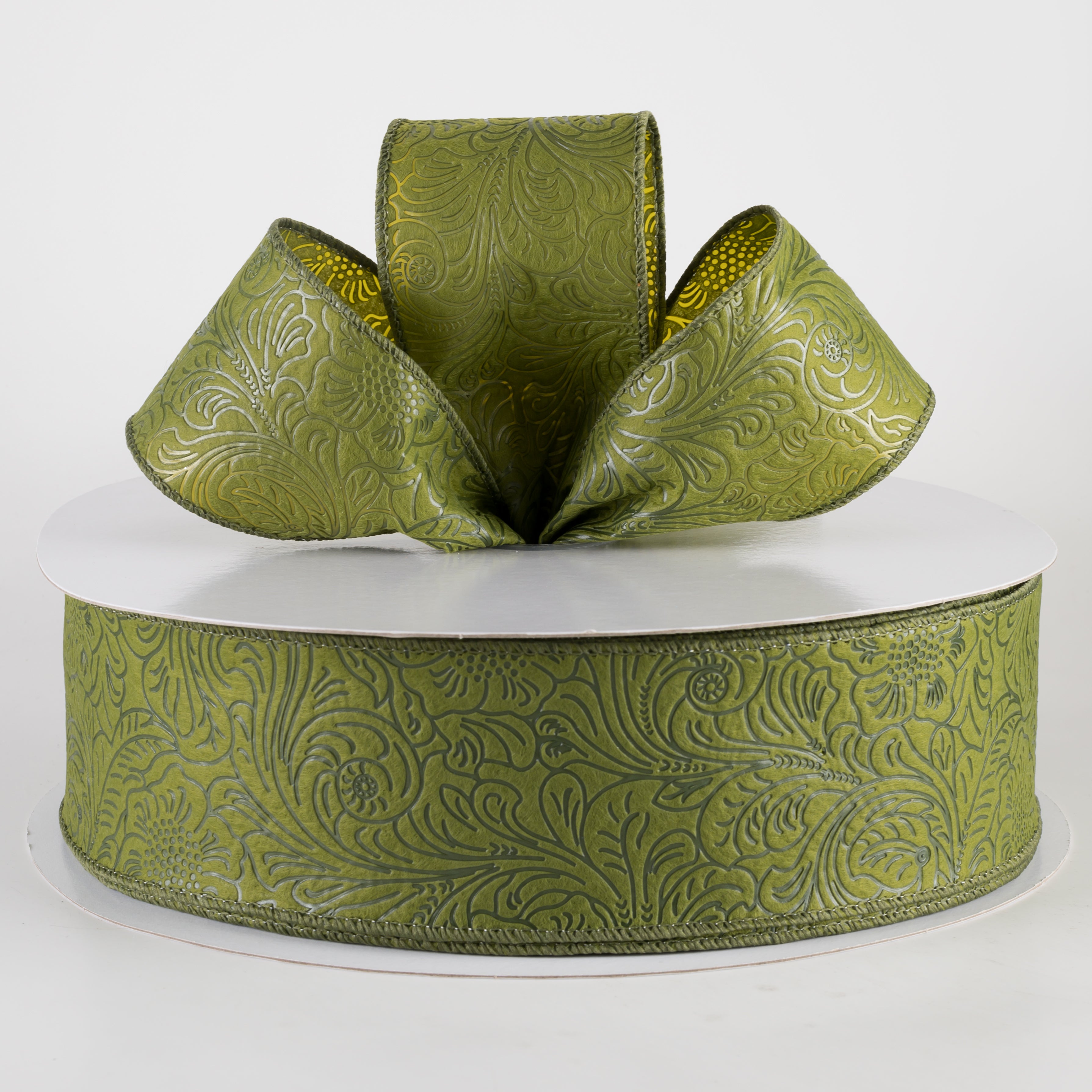 2.5" Embossed Flower Breeze Ribbon: Moss Green (50 Yards) Lifestyle Photo