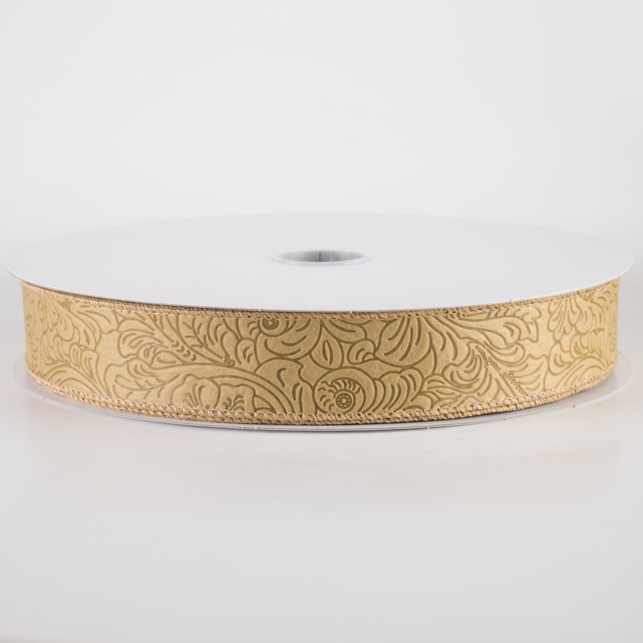 1.5" Embossed Flower Breeze Ribbon: Tan (50 Yards)