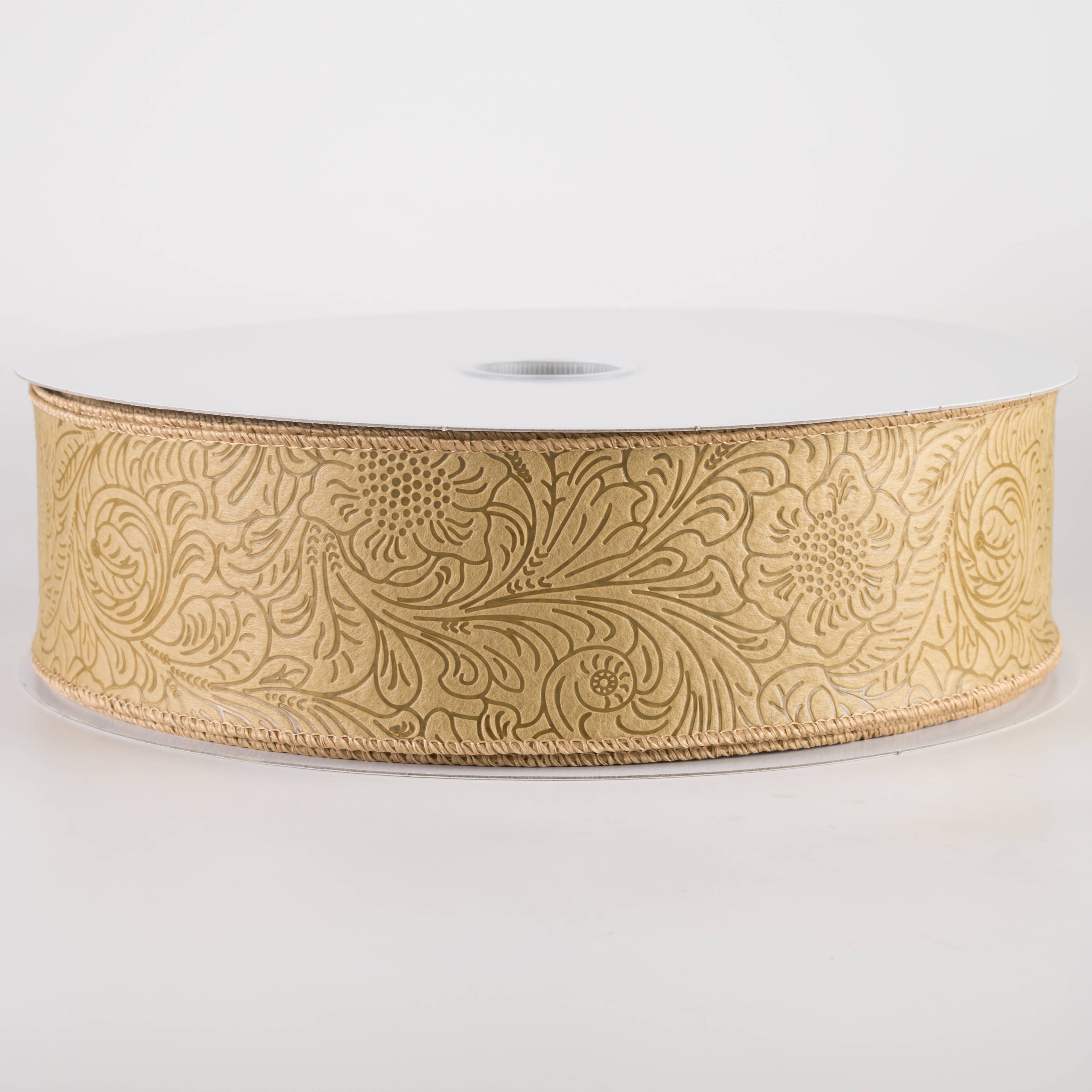 2.5" Embossed Flower Breeze Ribbon: Tan (50 Yards)