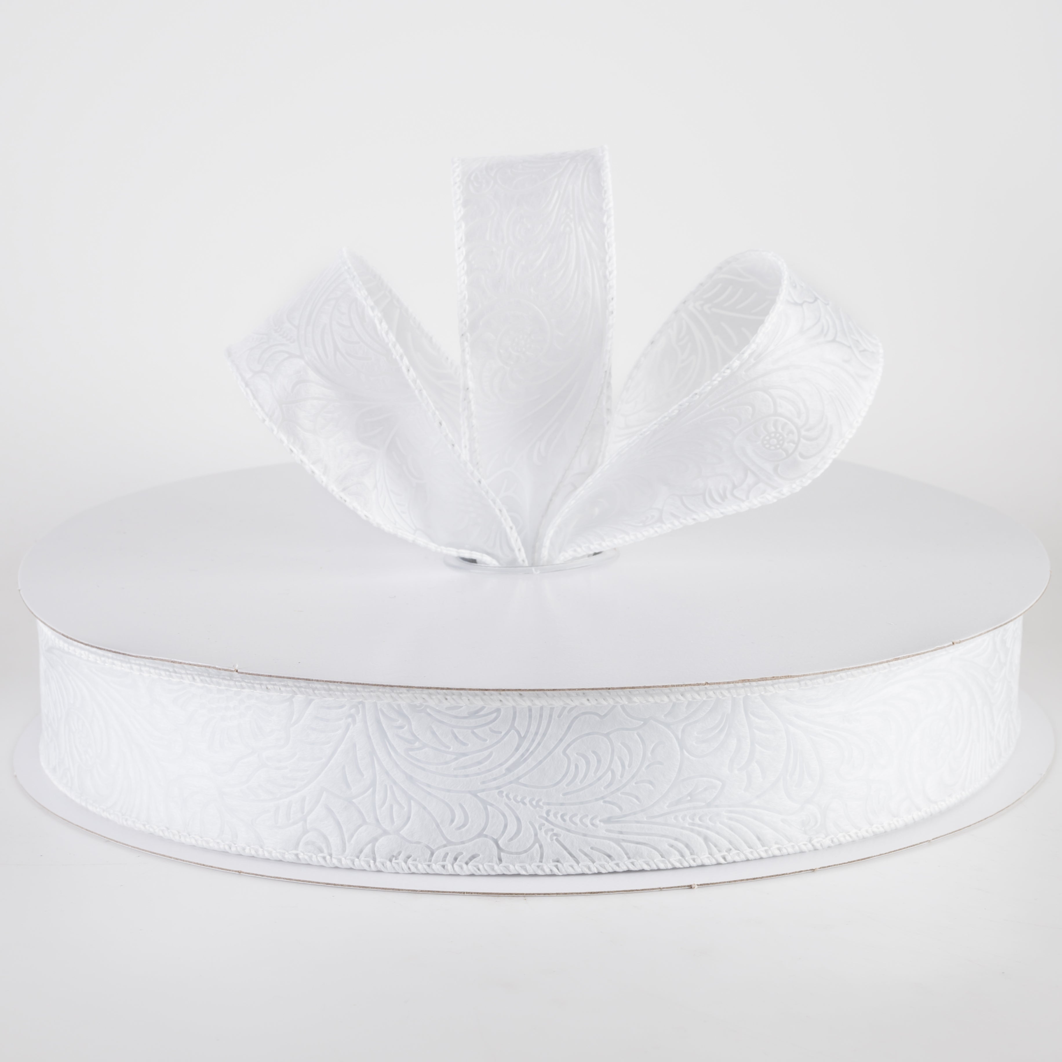 1.5" Embossed Flower Breeze Ribbon: White (50 Yards) Lifestyle Photo