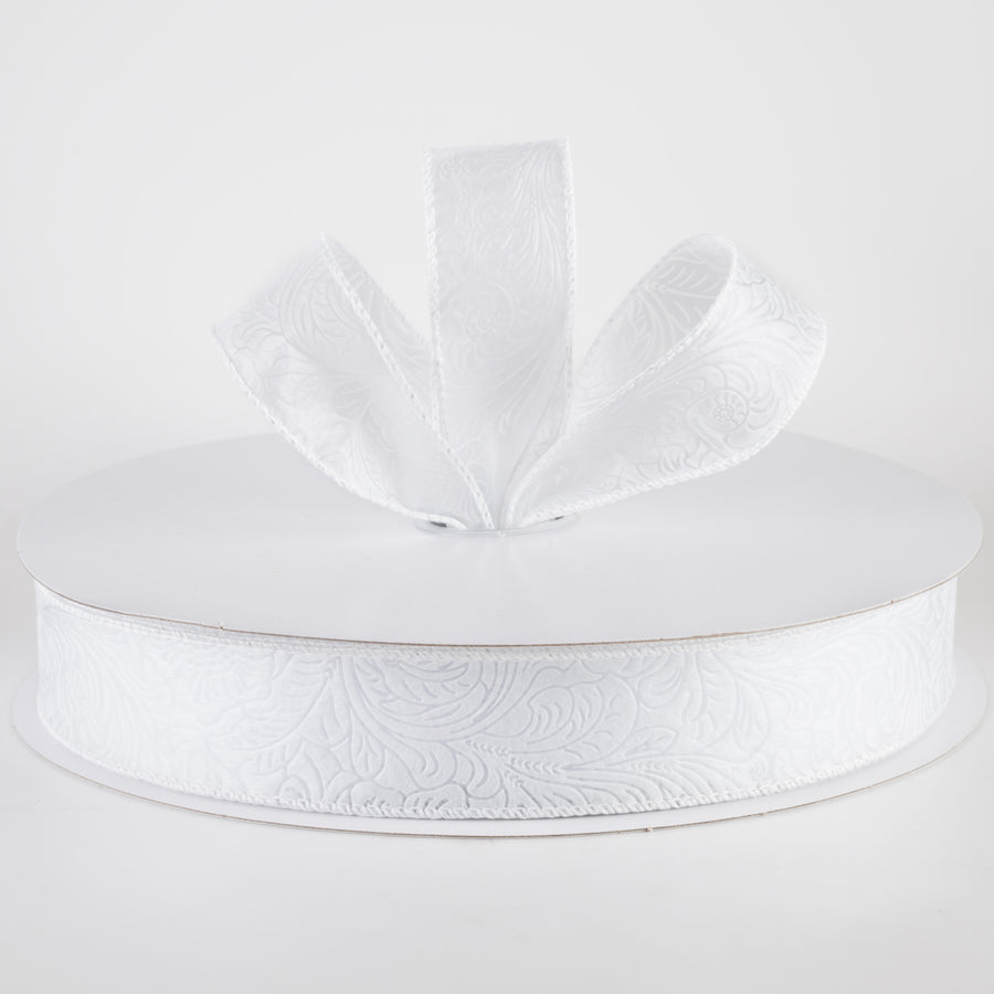 1.5" Embossed Flower Breeze Ribbon: White (50 Yards) Lifestyle Photo