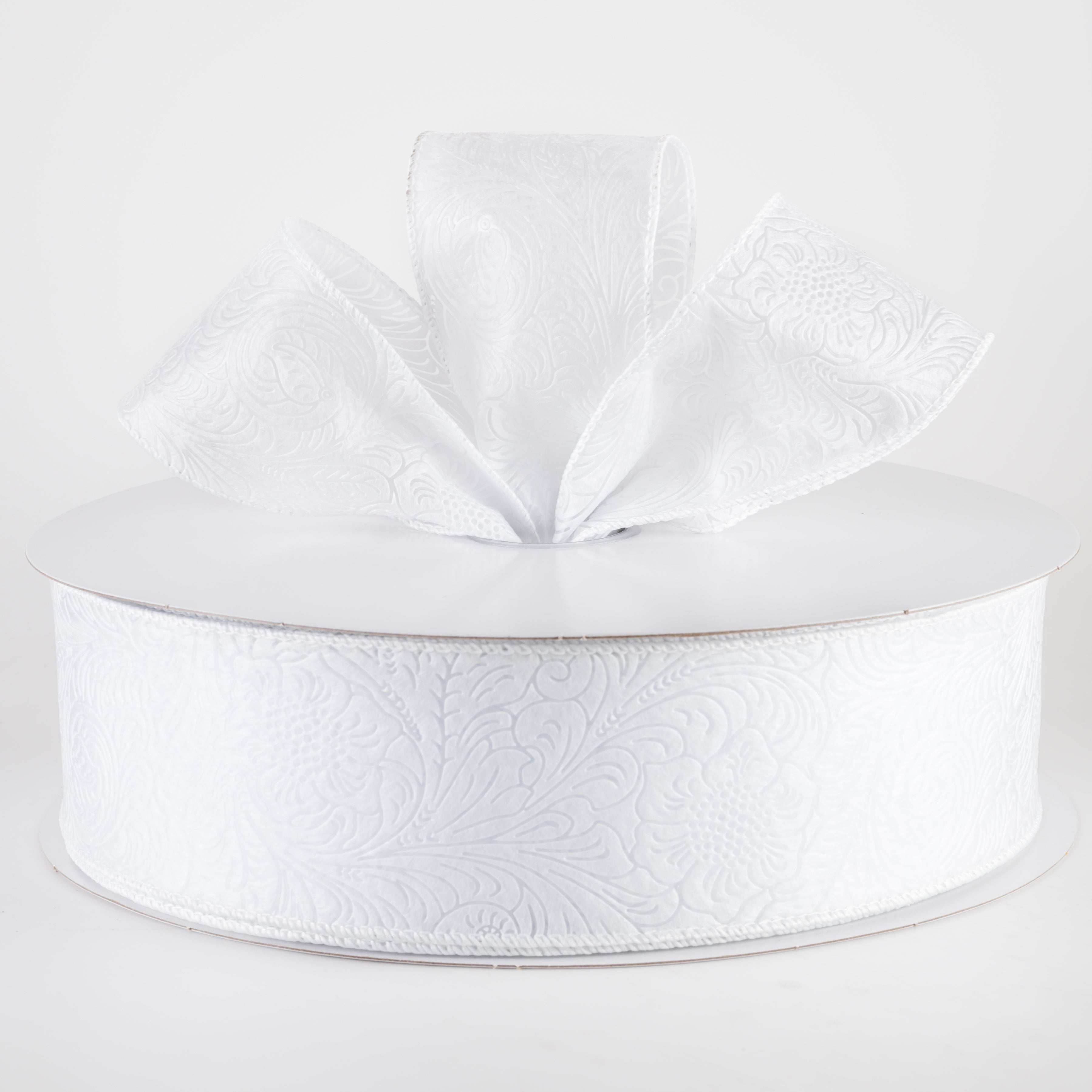 2.5" Embossed Flower Breeze Ribbon: White (50 Yards) Lifestyle Photo