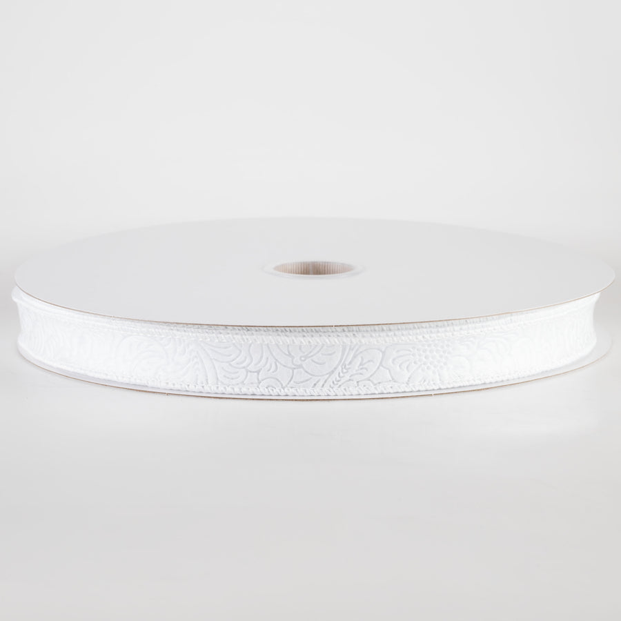 7/8" Embossed Flower Breeze Ribbon: White (50 Yards)