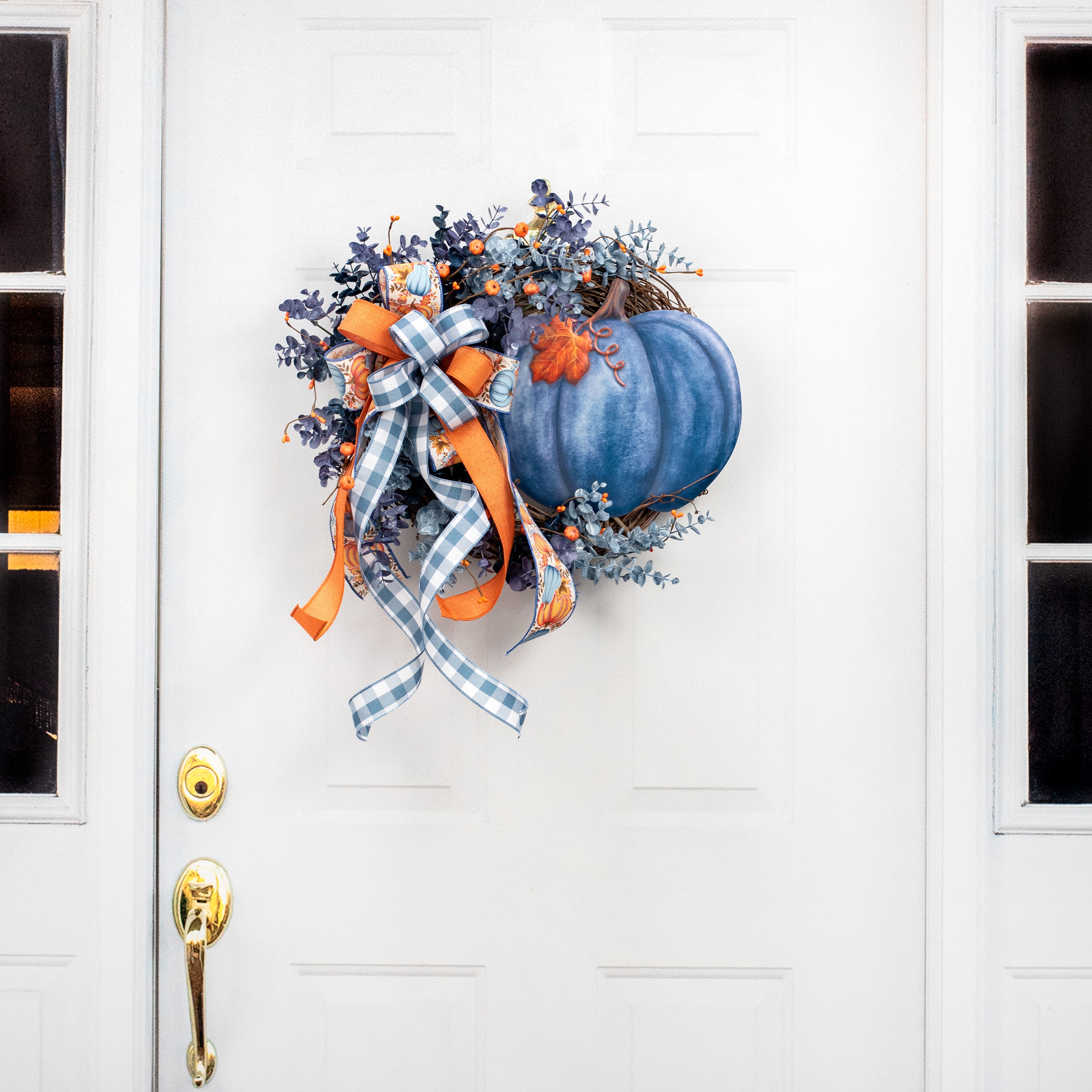 12" Embossed Metal Pumpkin Hanger: Blue detail photo 5