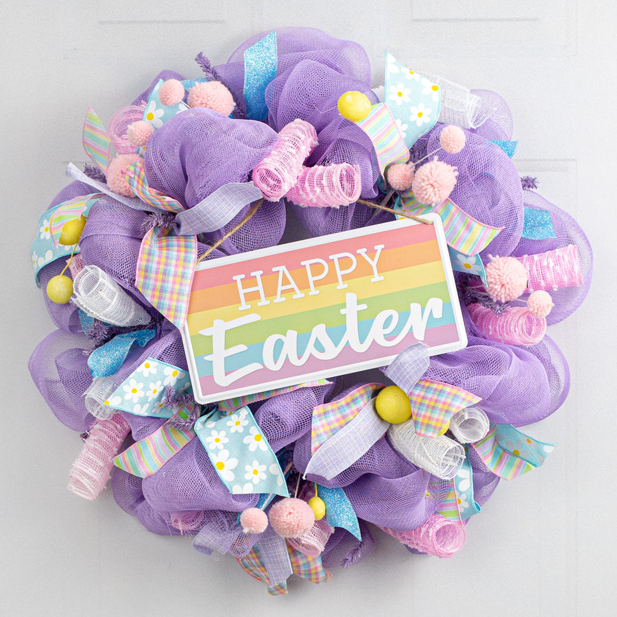 12" Embossed Metal Sign: Happy Easter Stripes Lifestyle Photo