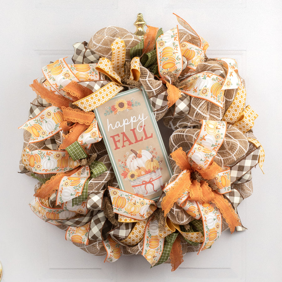 12" Embossed Metal Sign: Happy Fall Pumpkins & Sunflowers Lifestyle Photo