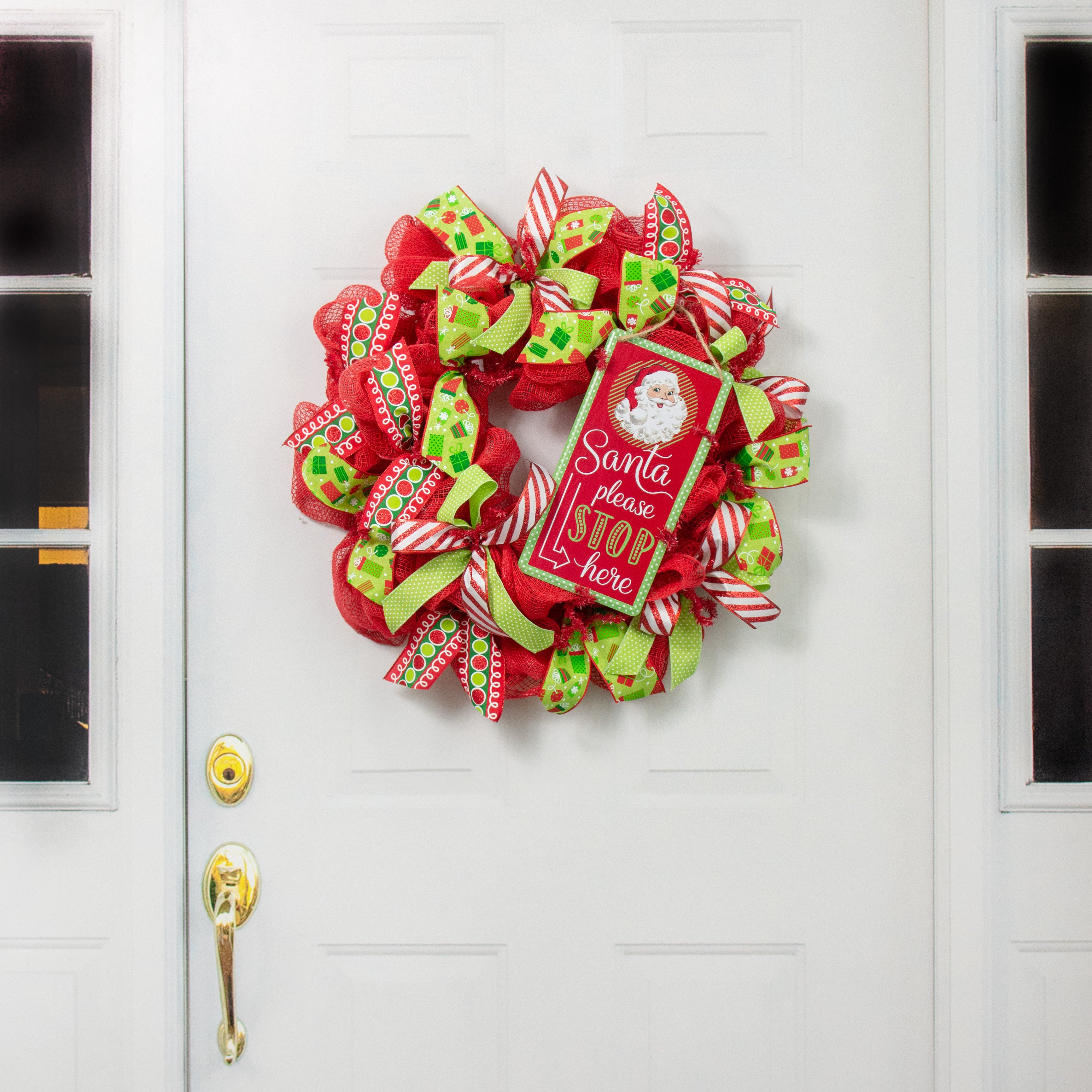 12" Embossed Metal Sign: Santa Please Stop Here detail photo 4