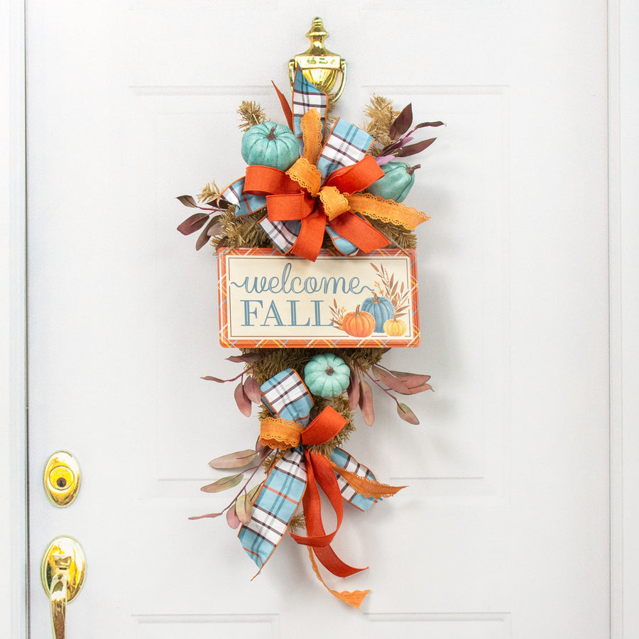 12" Embossed Metal Sign: Welcome Fall Pumpkins, Cream, Orange, Blue Lifestyle Photo