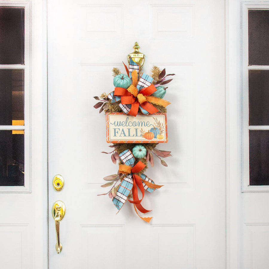 12" Embossed Metal Sign: Welcome Fall Pumpkins, Cream, Orange, Blue detail photo 4