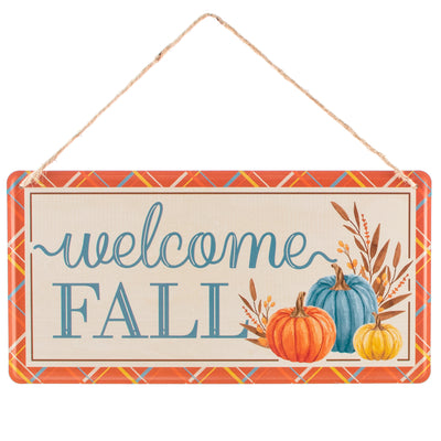12" Embossed Metal Sign: Welcome Fall Pumpkins, Cream, Orange, Blue Item Number: MD1203